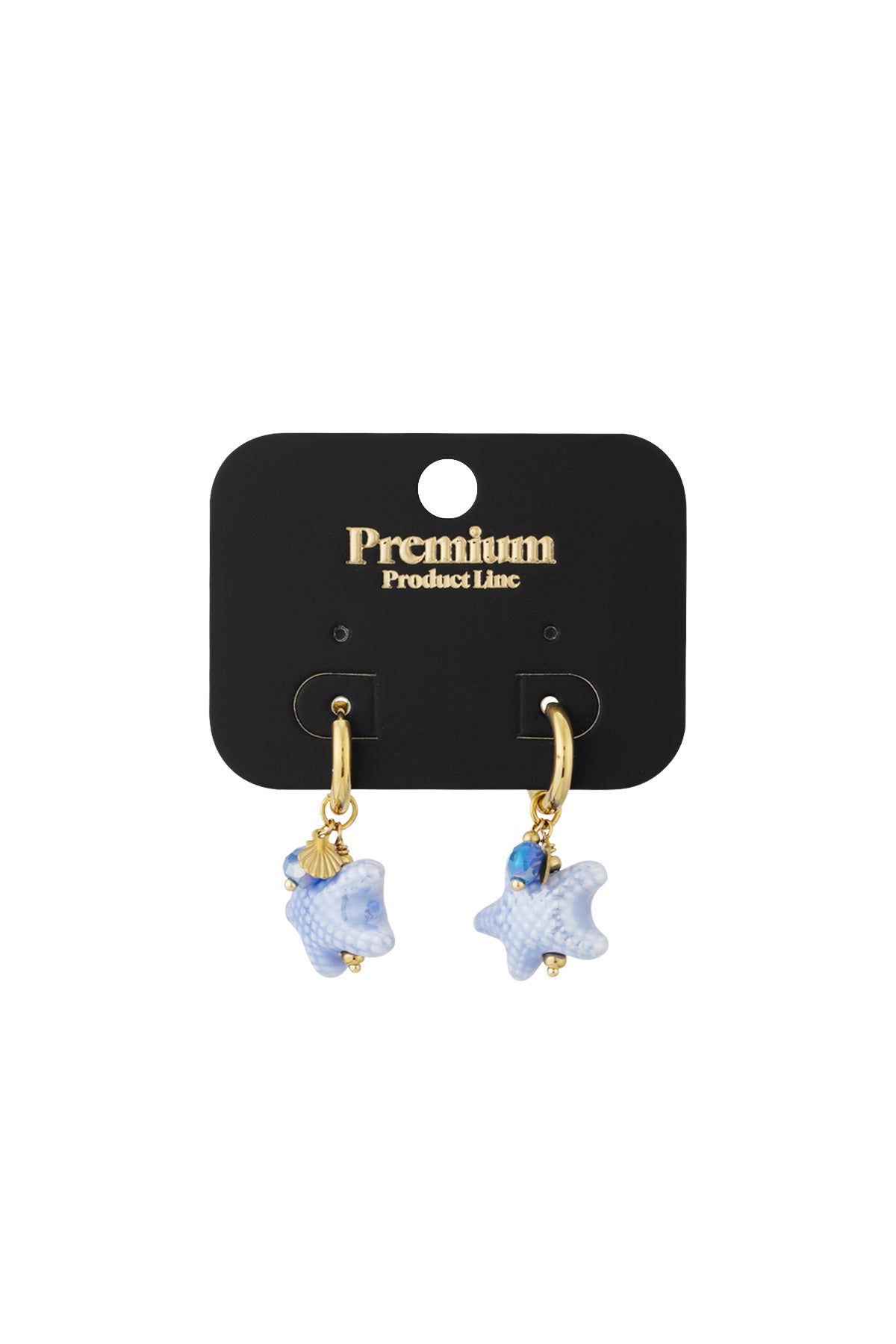 Blue starfish charm hoop earrings with gold hoops displayed on a black premium product card