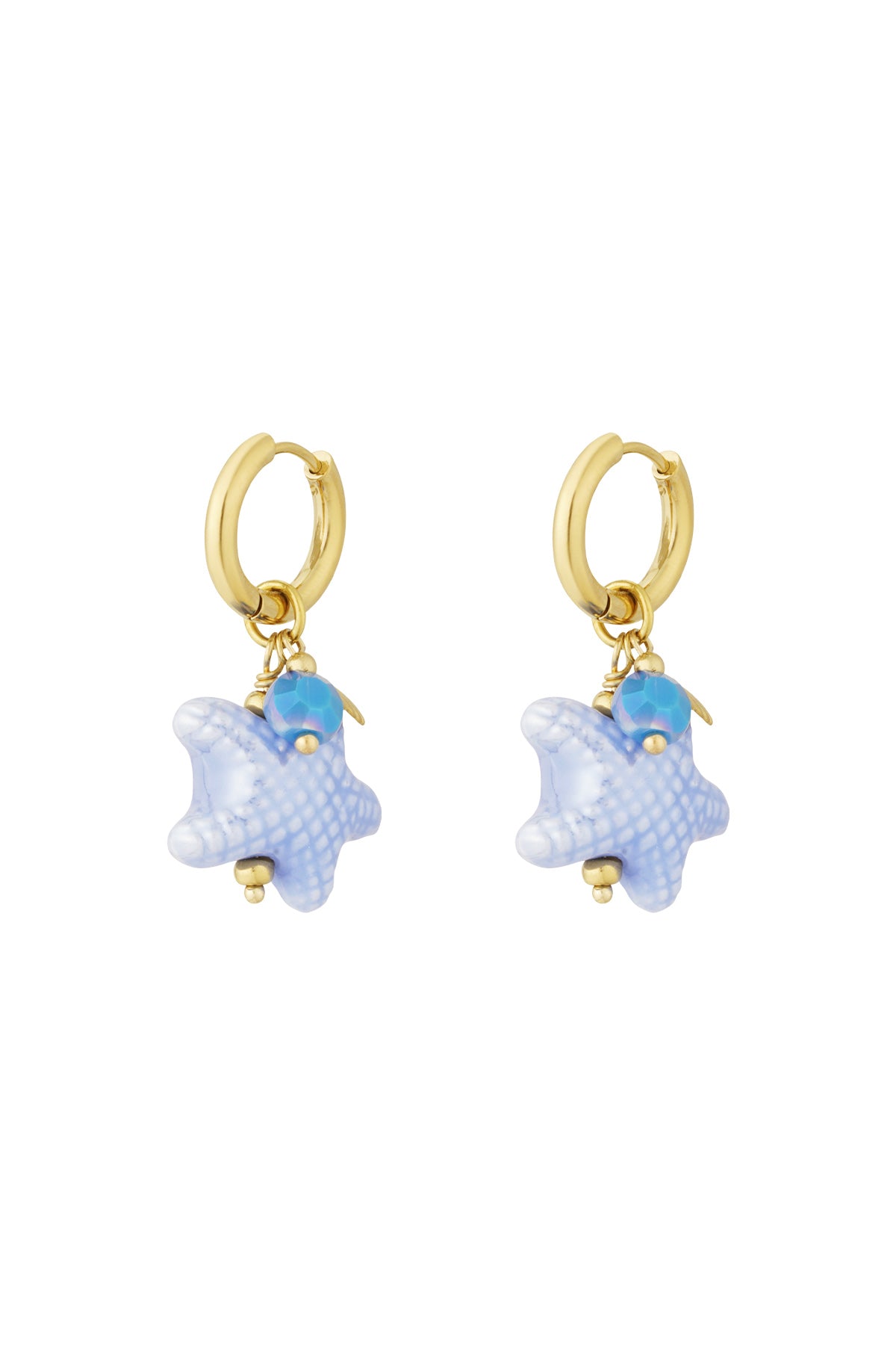 Close-up of baby blue starfish charm hoop earrings with gold-tone hoops and bead accents