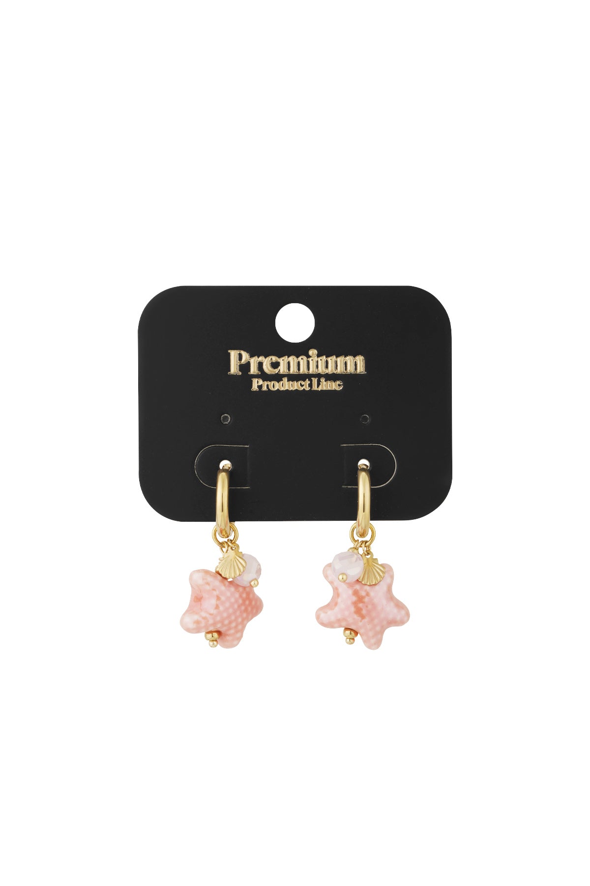 Pink starfish charm hoop earrings displayed on black premium product card