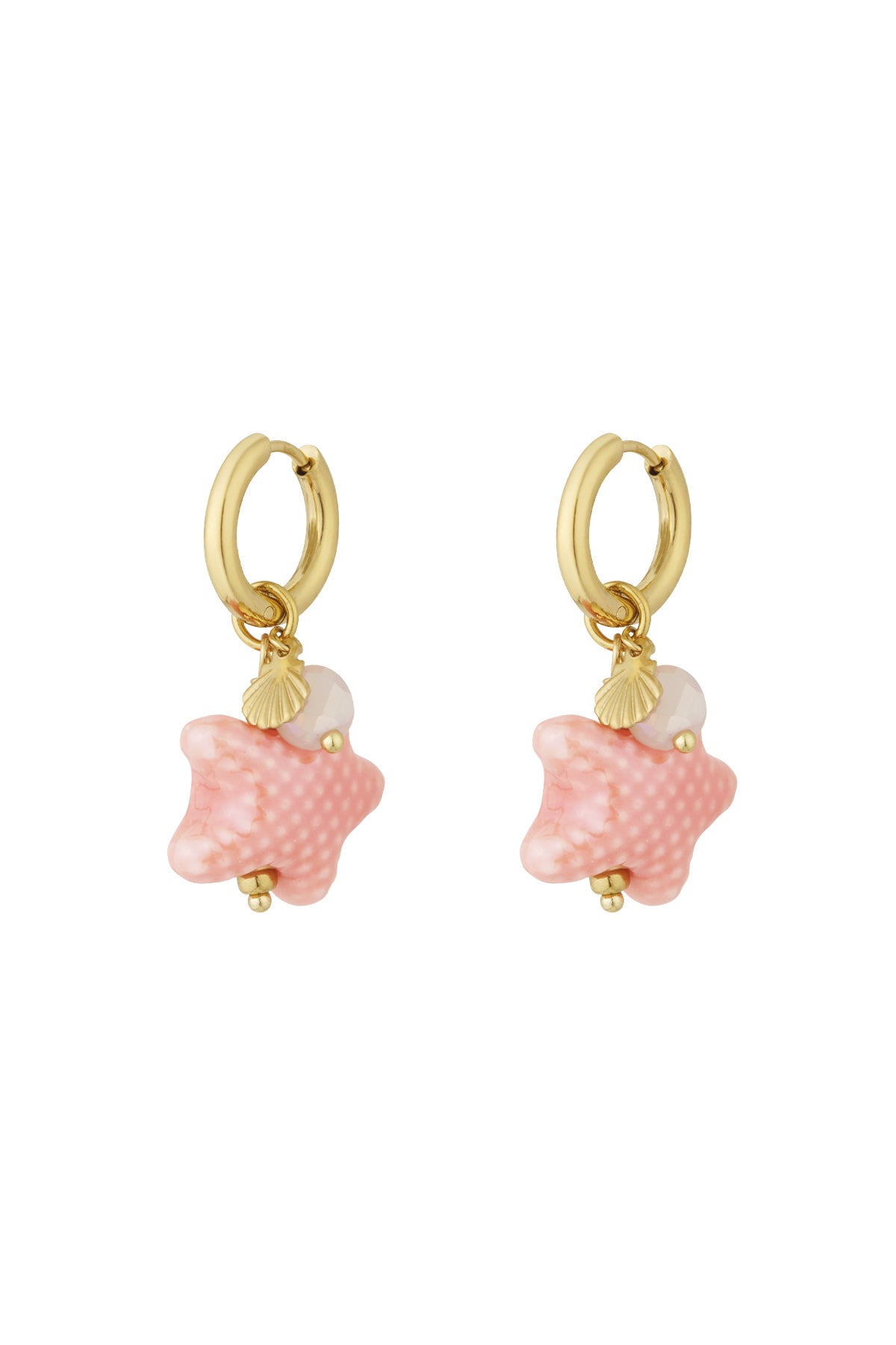 Close-up view of pink starfish charm hoop earrings with gold hoops and shell detail on white background