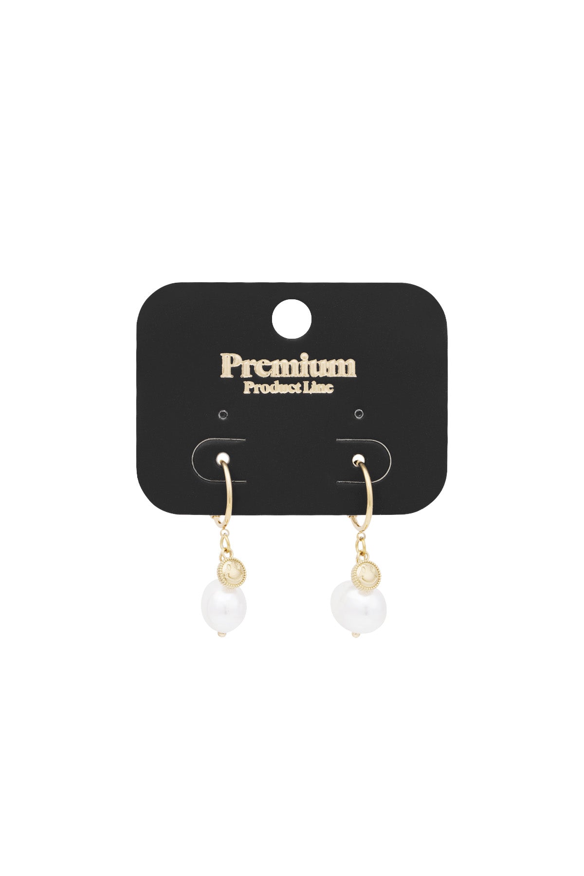 Gold-tone Happy Glow drop earrings displayed on a black premium product line card