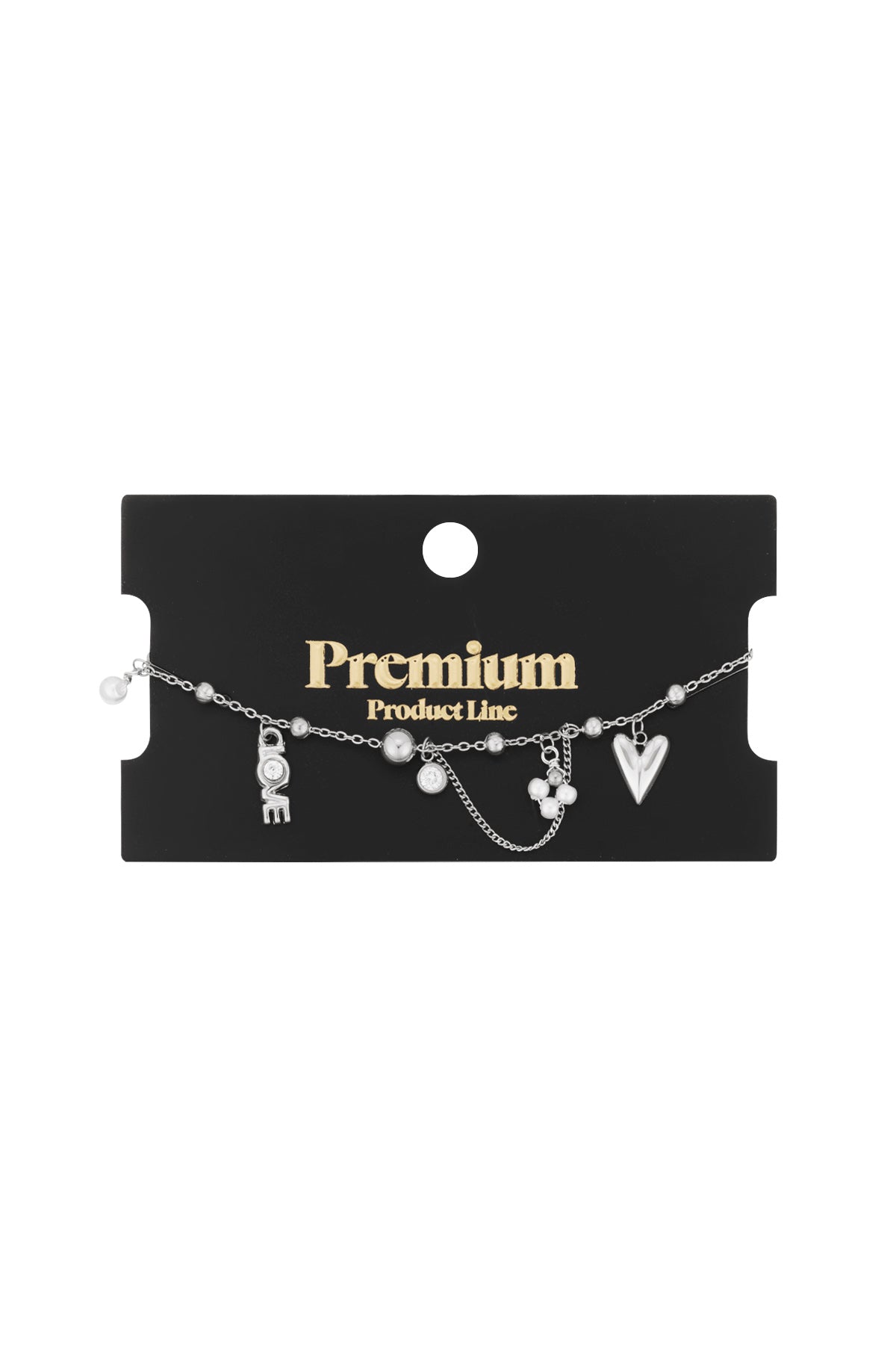 Black card packaging showing silver-tone charm bracelet with heart, LOVE lettering charm with crystal and pearl details