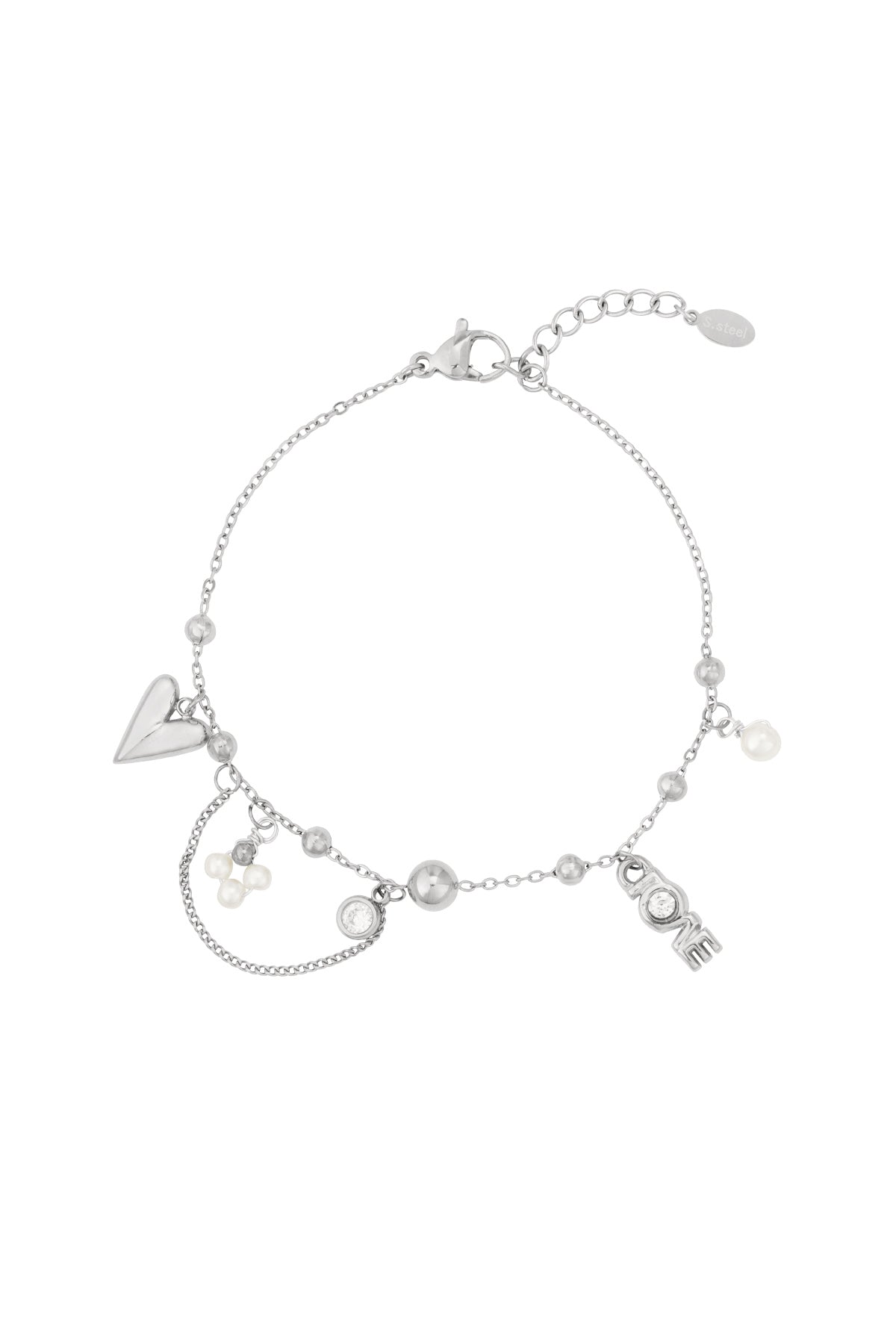 Silver-tone delicate charm bracelet featuring heart, pearl clusters, and LOVE lettering charm isolated on white background