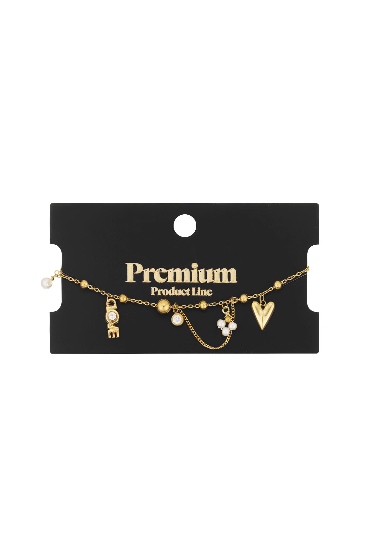 Gold-tone charm bracelet displayed on black card packaging labeled Premium Product Line