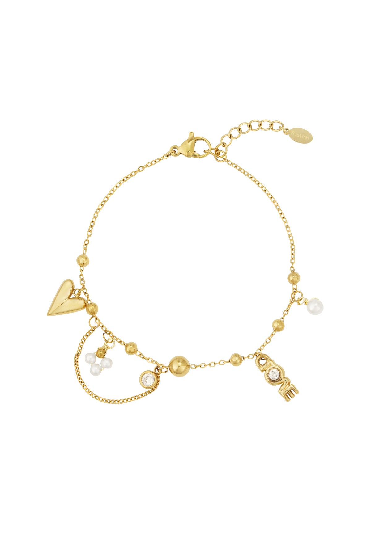 Gold-tone charm bracelet with heart, LOVE lettering charm with crystal, faux pearl clusters, and small gold beads on a fine chain