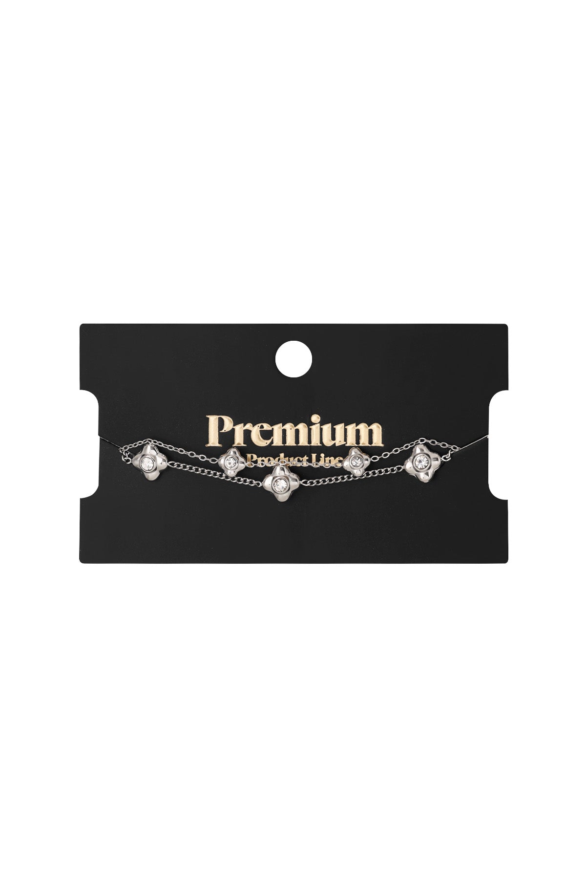 Silver double chain flower charm bracelet displayed on black Premium Product Line card