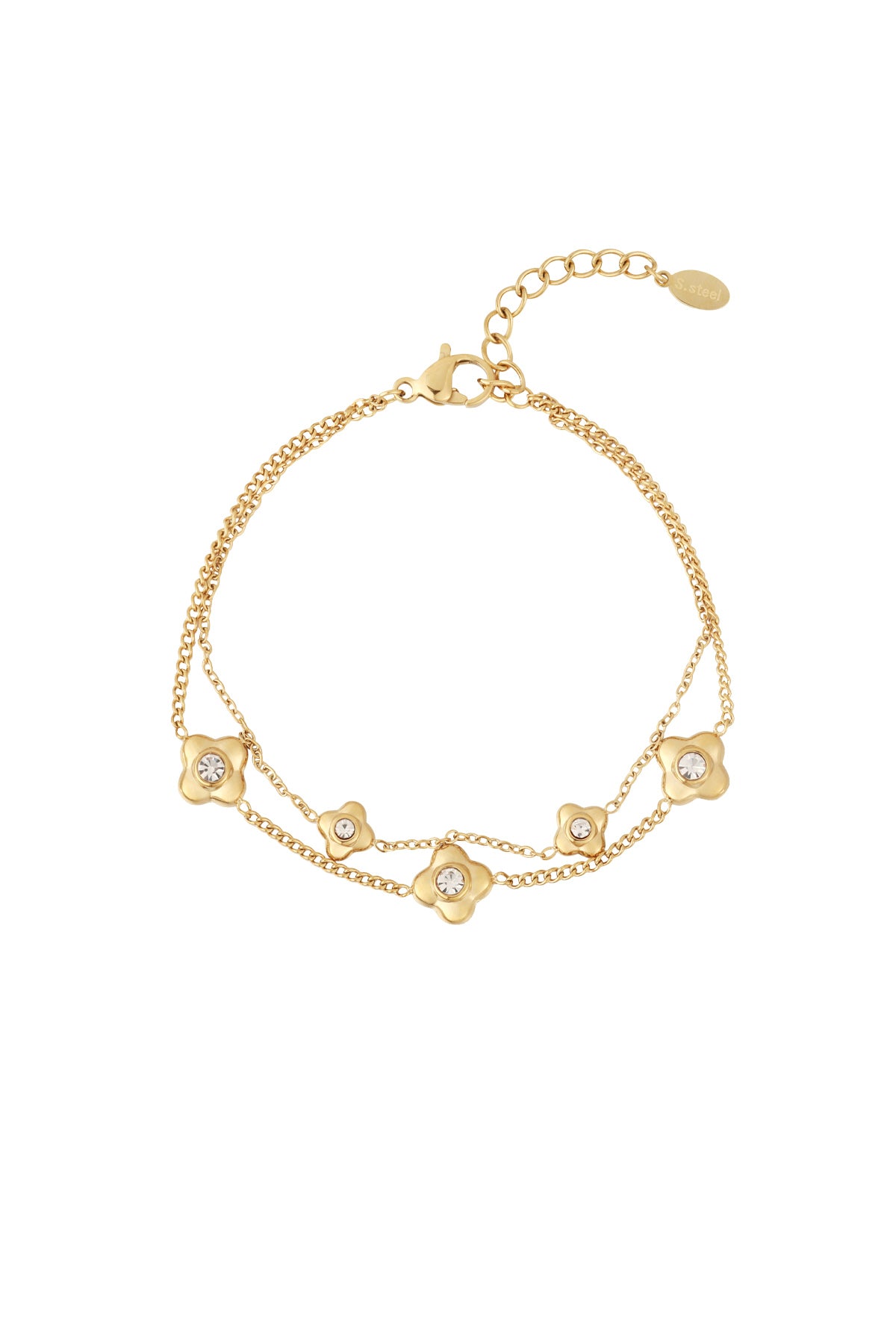 Gold double chain bracelet featuring five small flower charms each with a crystal center on white background