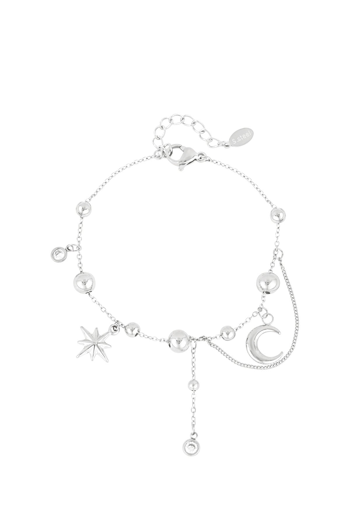 Silver celestial charm bracelet with moon, star, and bead charms on white background