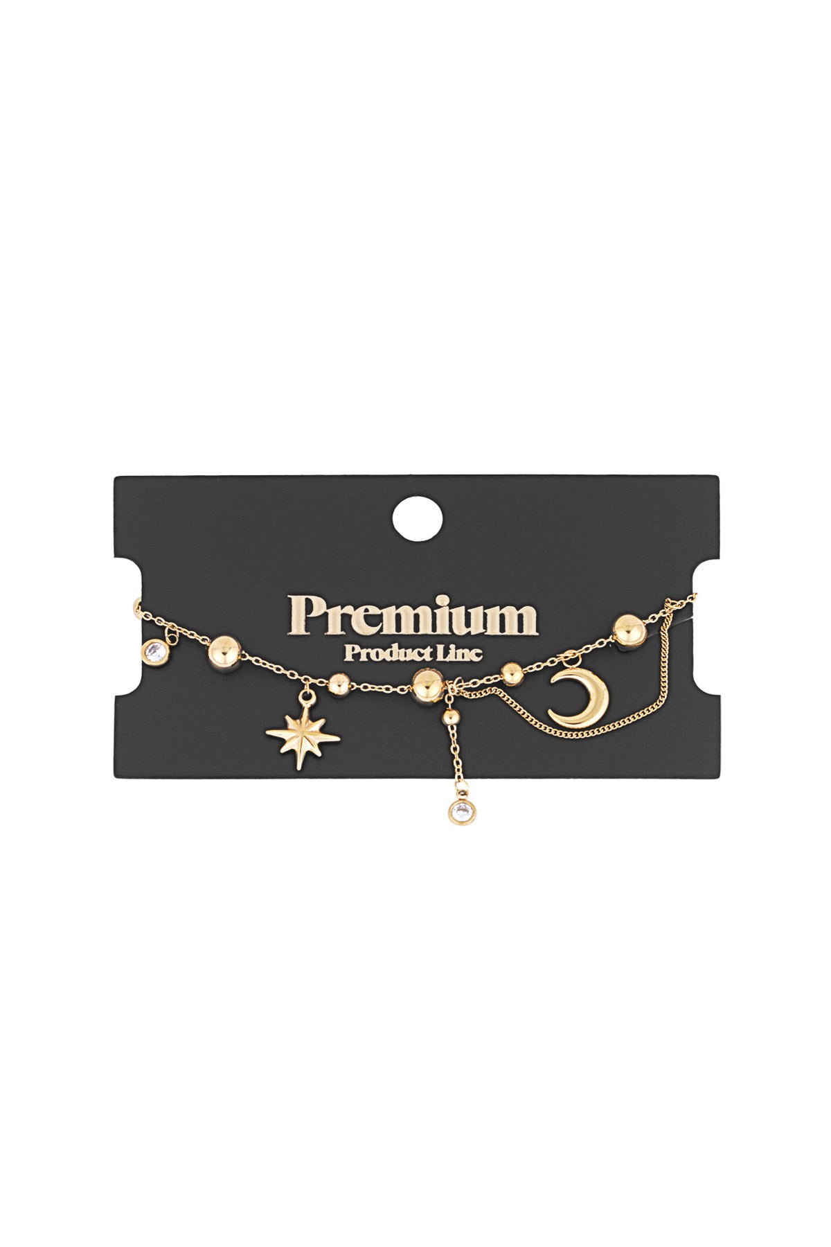 Gold celestial charm bracelet displayed on black 'Premium Product Line' card