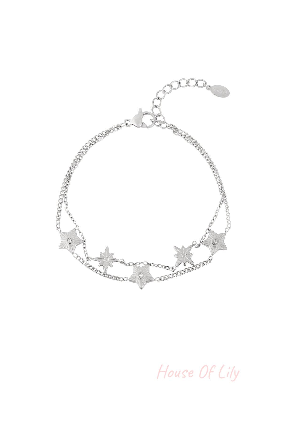 Silver double-chain bracelet featuring star-shaped charms with rhinestone centres and an adjustable clasp