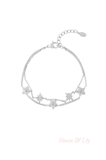 Silver double-chain bracelet featuring star-shaped charms with rhinestone centres and an adjustable clasp