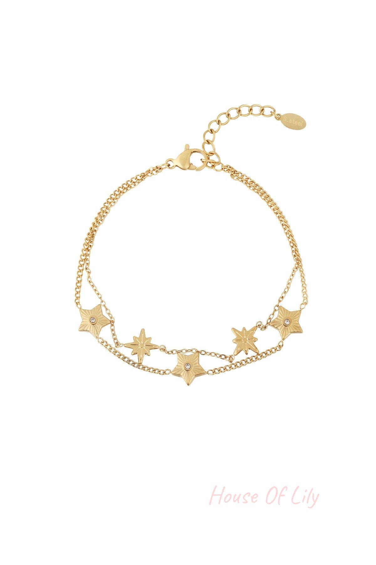 Gold double-chain bracelet with star-shaped charms adorned with rhinestones and adjustable clasp closure