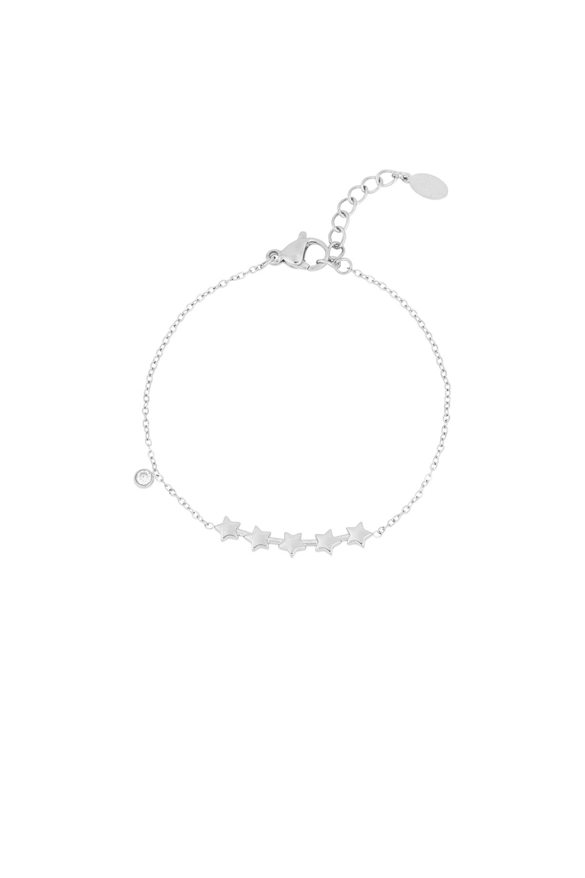 Silver star charm bracelet with five star charms and a small crystal accent on a fine chain with a lobster clasp
