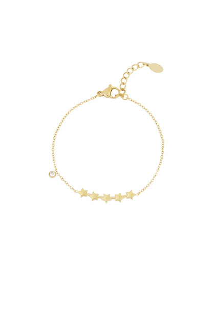 Gold star charm bracelet with five small stars in a row and a tiny crystal on delicate chain with lobster clasp closure