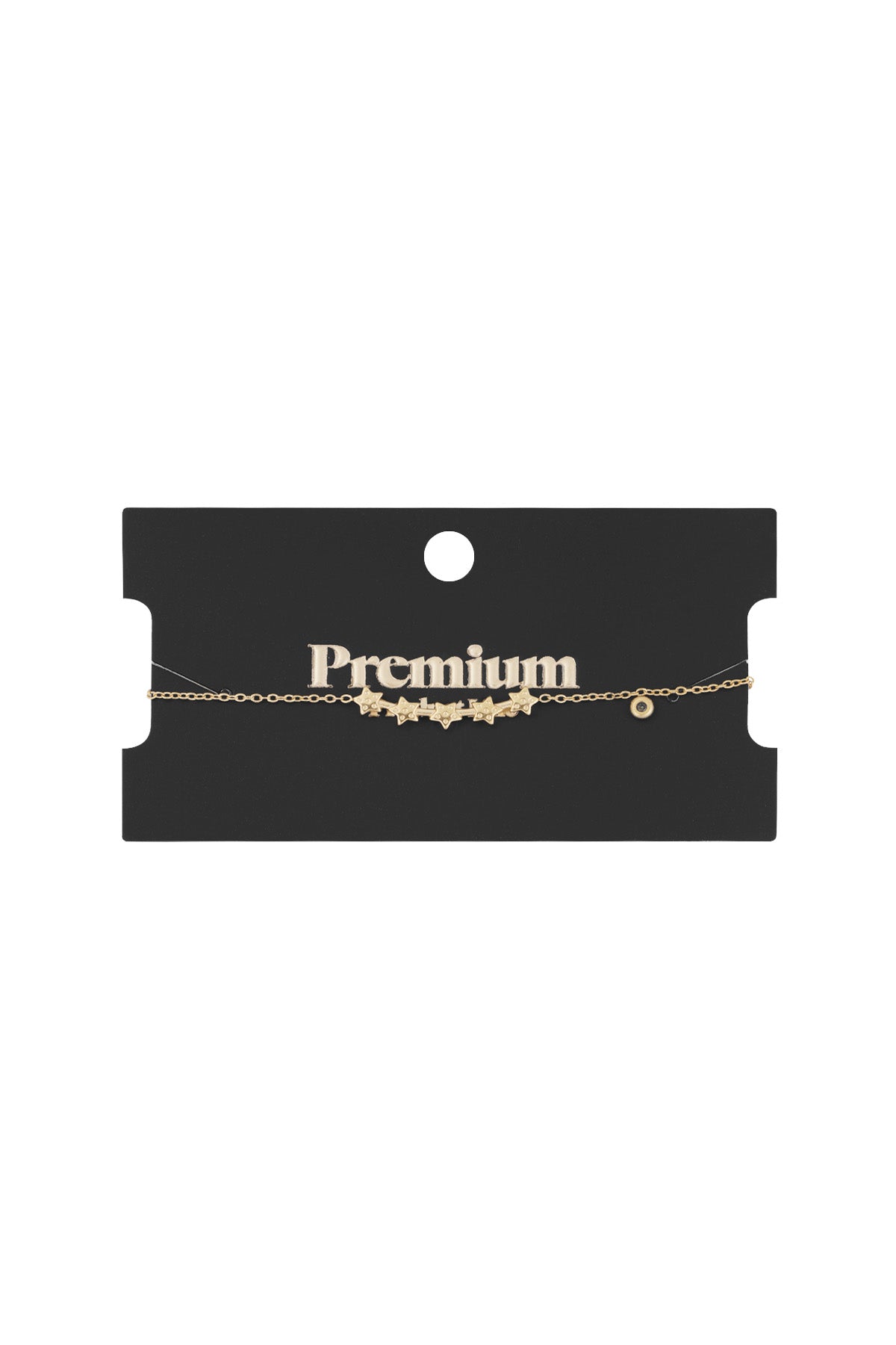 Gold star charm bracelet displayed on a black card labelled Premium showcasing its delicate chain and star charms