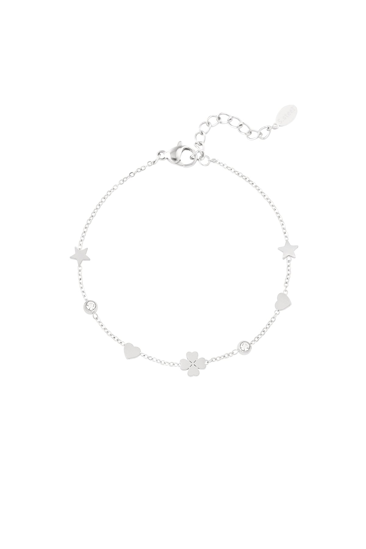 Silver-tone charm bracelet with star, heart, four-leaf clover and crystal accents laid flat with lobster clasp and adjustable links