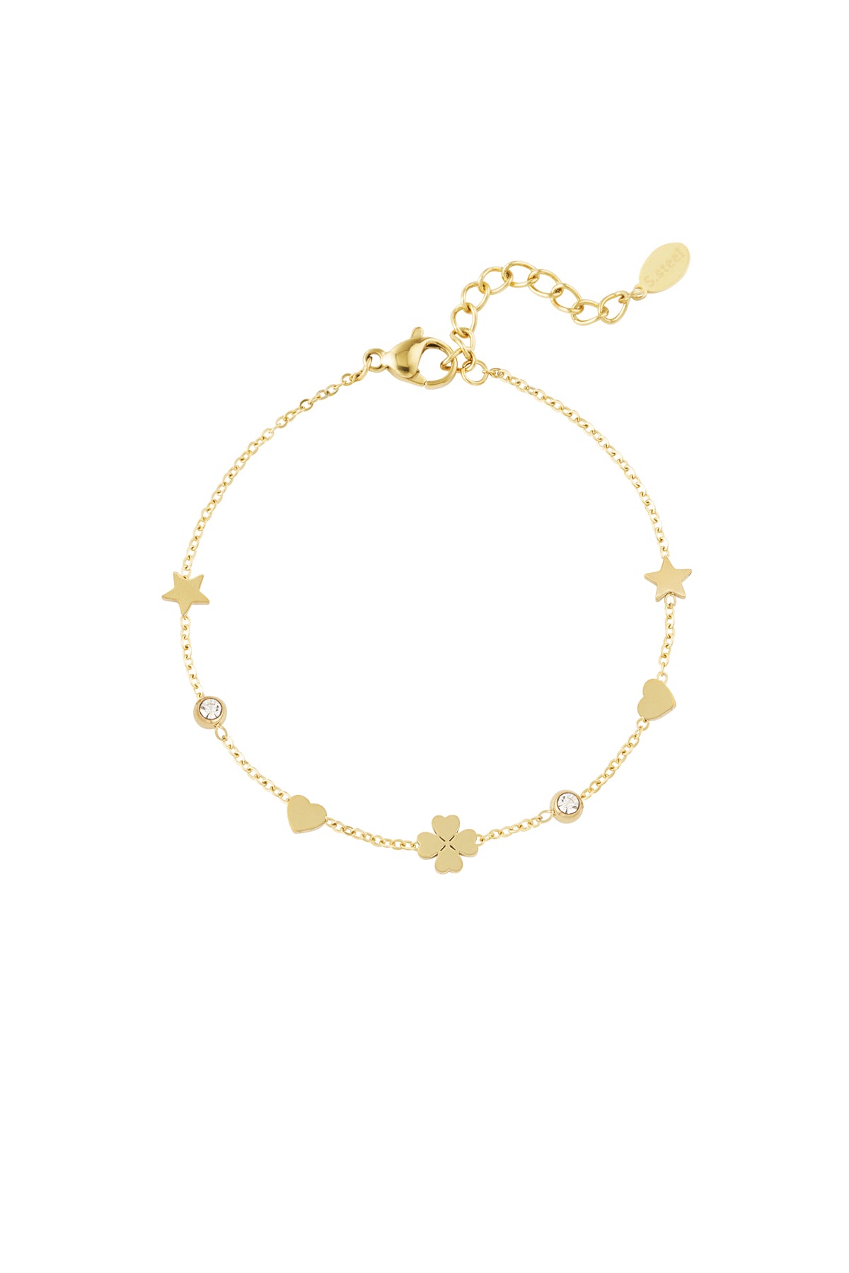 Gold-tone delicate charm bracelet featuring tiny stars, hearts, four-leaf clover and crystal accents on a fine chain with adjustable clasp