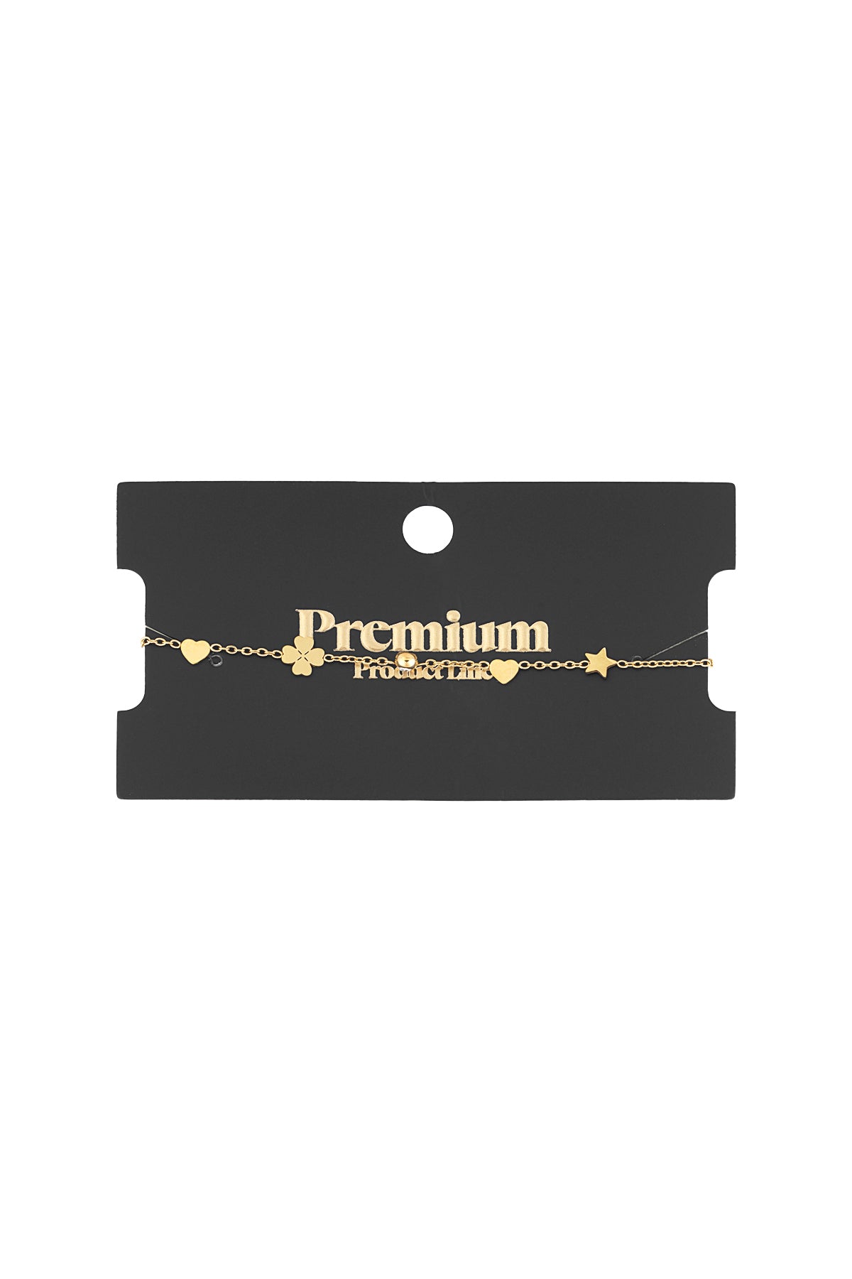 Gold-tone charm bracelet displayed on black premium product card showing delicate star, heart, clover and crystal charms on fine chain