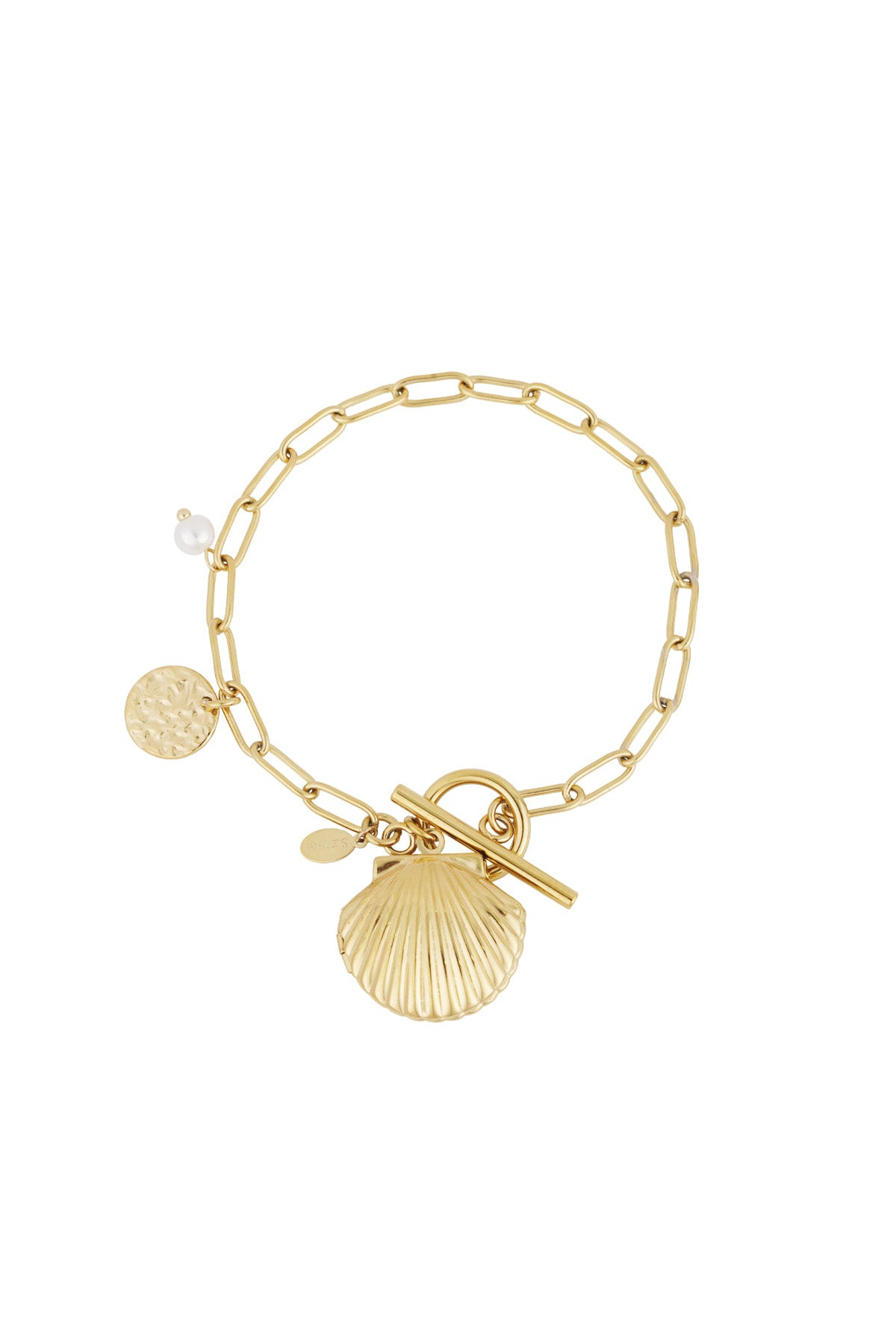 Gold-tone charm bracelet with shell pendant, pearl detail and toggle clasp on white background