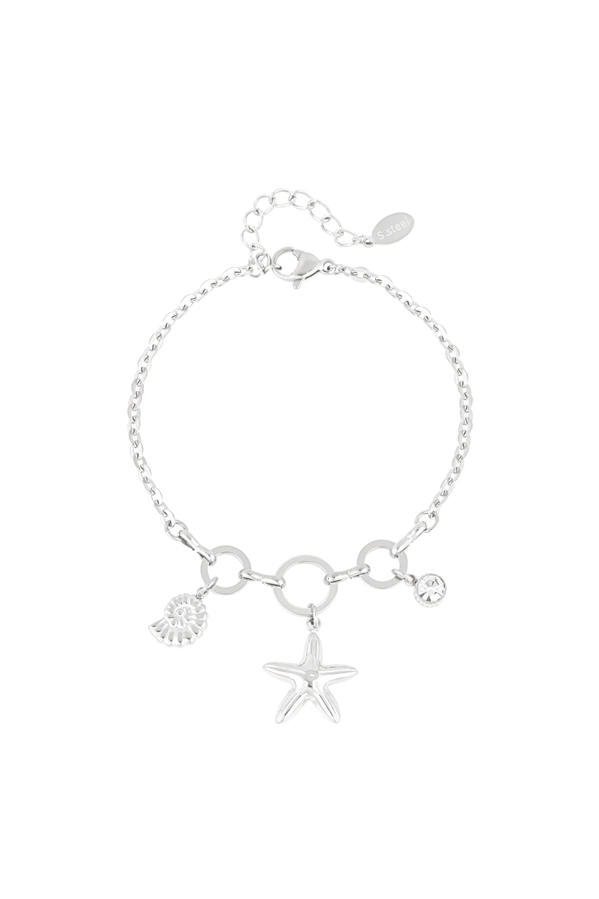 Silver-tone charm bracelet with starfish, shell, and rhinestone charms on linked chain displayed on white background