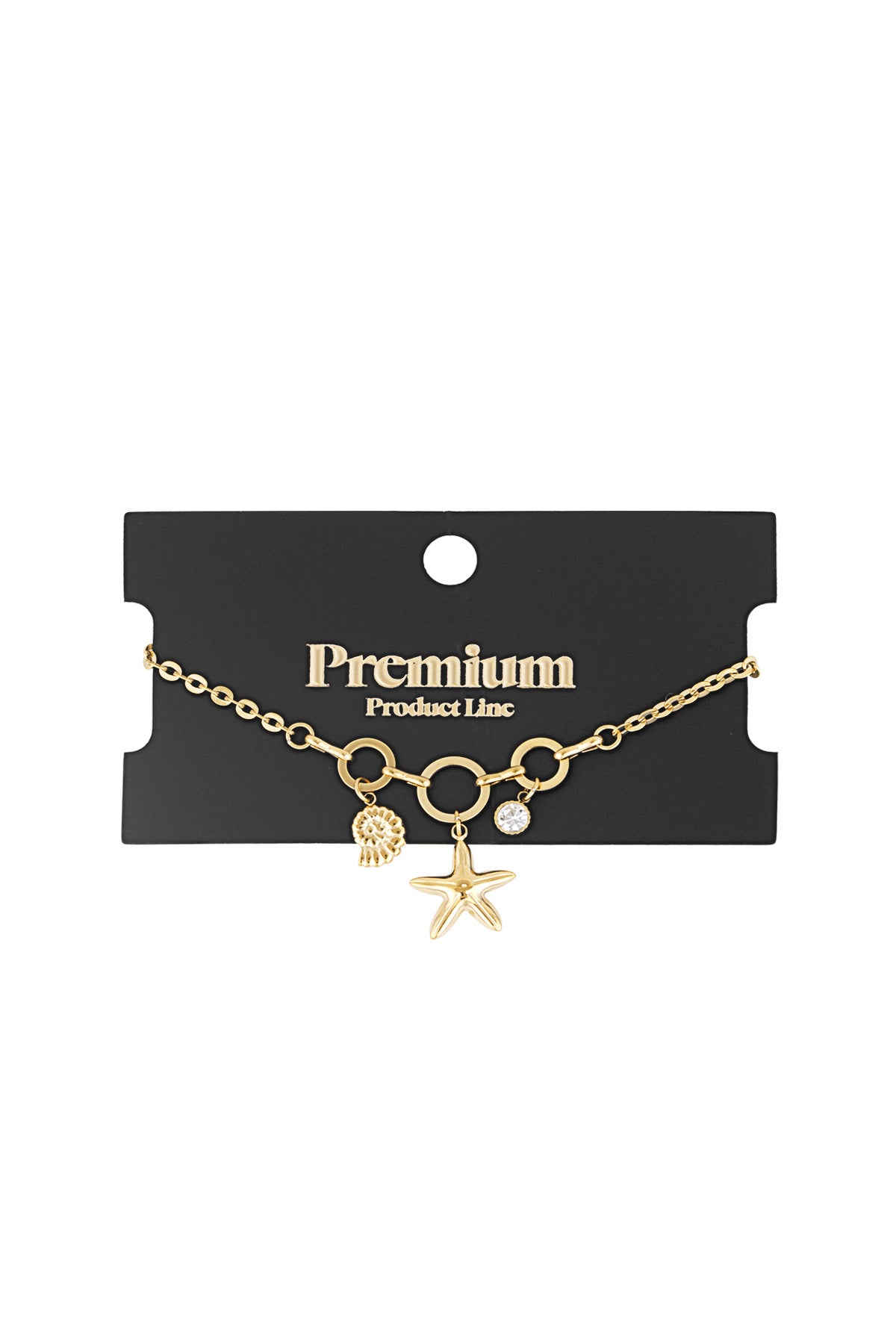 Gold-tone charm bracelet displayed on black Premium Product Line card