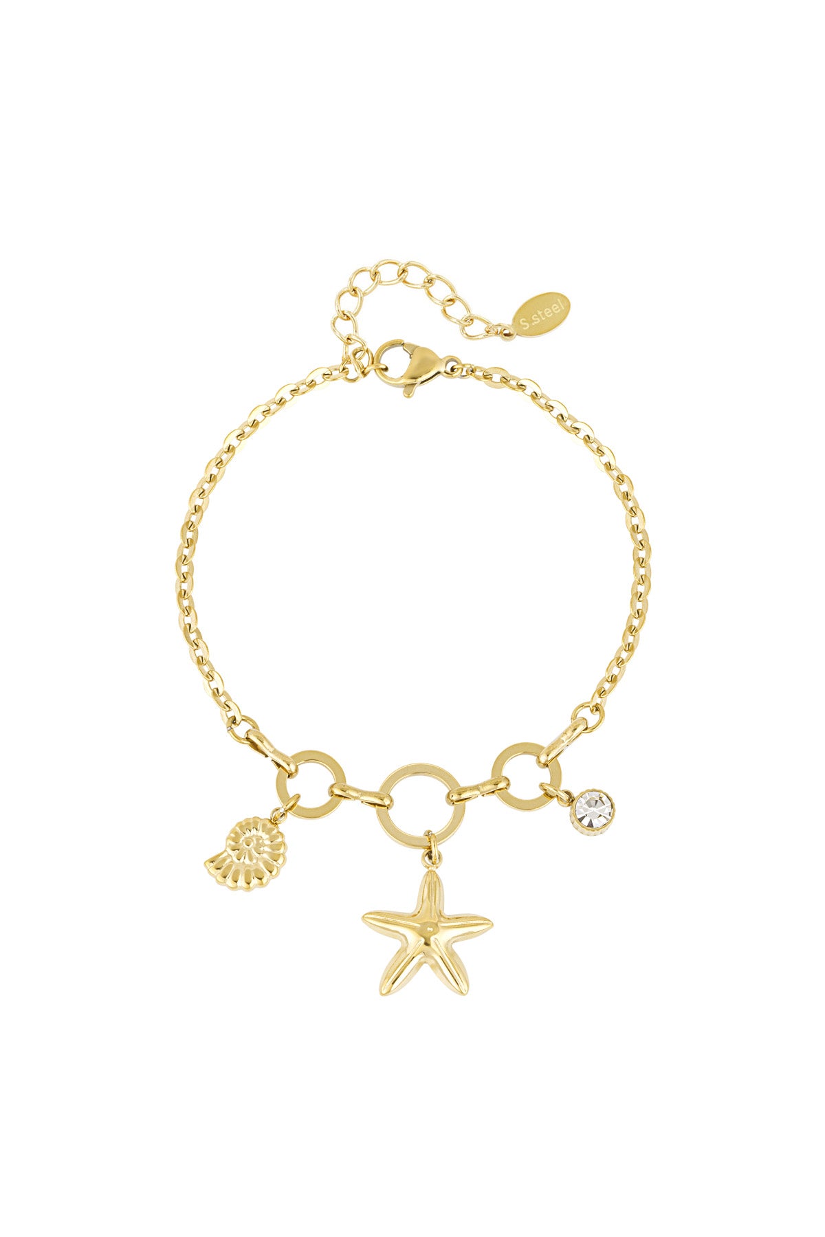 Gold-tone charm bracelet featuring starfish, shell, and rhinestone charms on linked chain