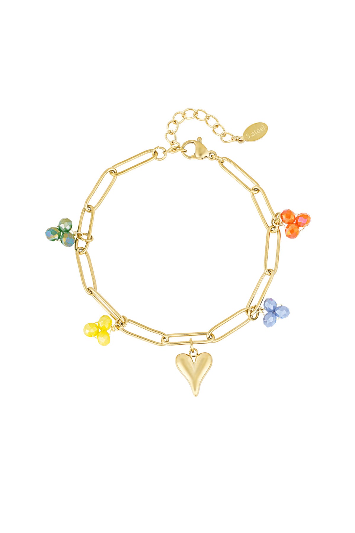 Gold charm link bracelet with multi-coloured glass bead charms and heart-shaped charm on white background