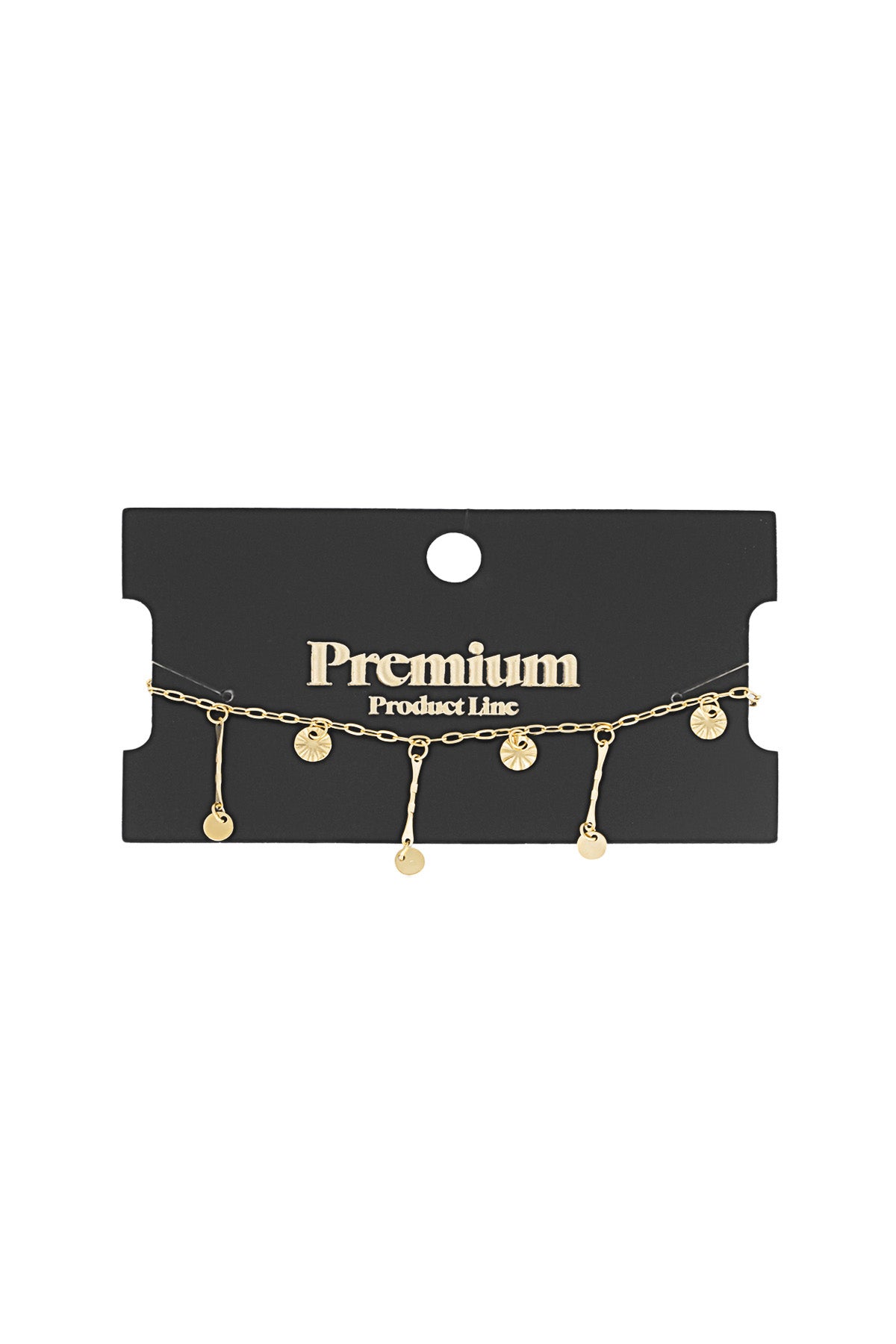 Gold coin charm bracelet displayed on black 'Premium Product Line' card packaging