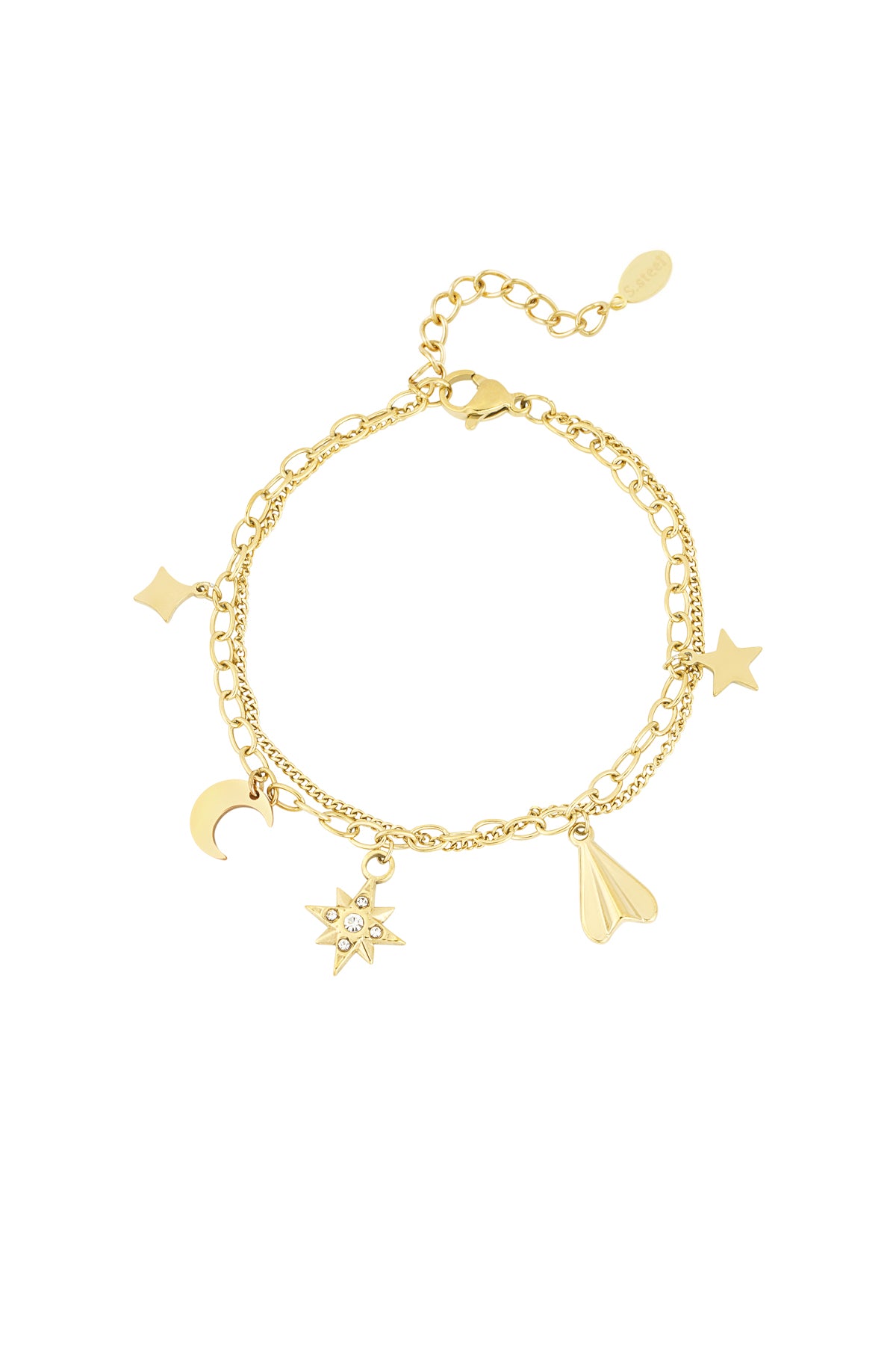 Gold-tone double chain charm bracelet with moon, star, gemstone starburst, diamond, and paper plane charms on white background
