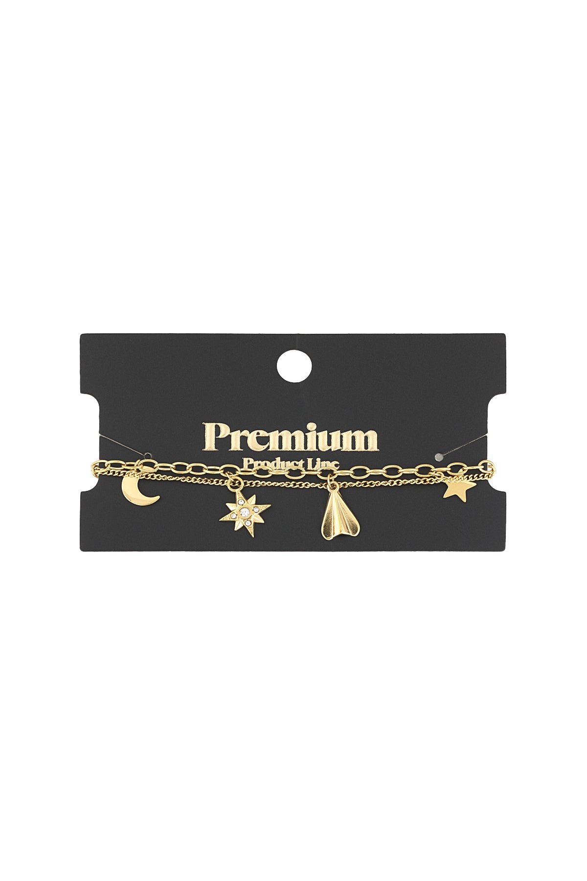 Gold-tone charm bracelet displayed on black Premium Product Line card showcasing celestial and geometric charms