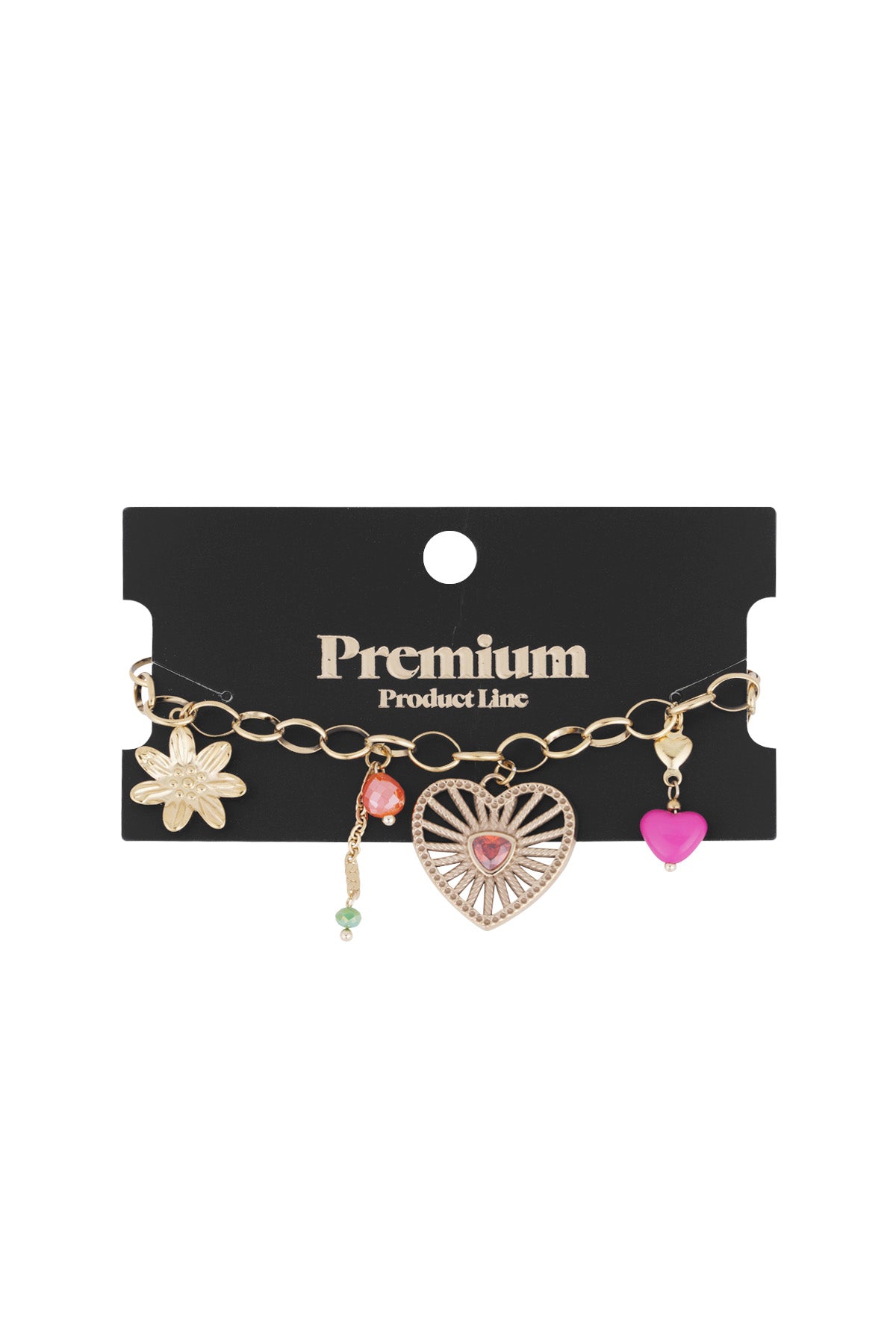 Gold charm bracelet displayed on black Premium Product Line tag featuring heart, flower, and colourful bead charms