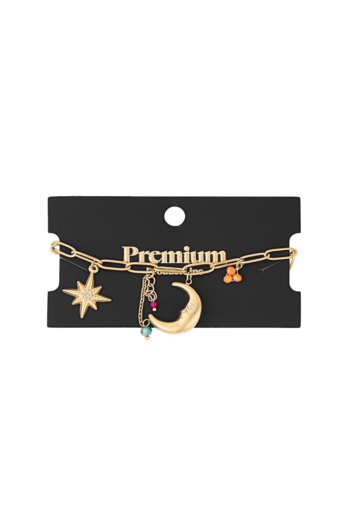 Gold charm bracelet displayed on black packaging card labelled 'Premium' with moon, star, heart and colourful bead charms