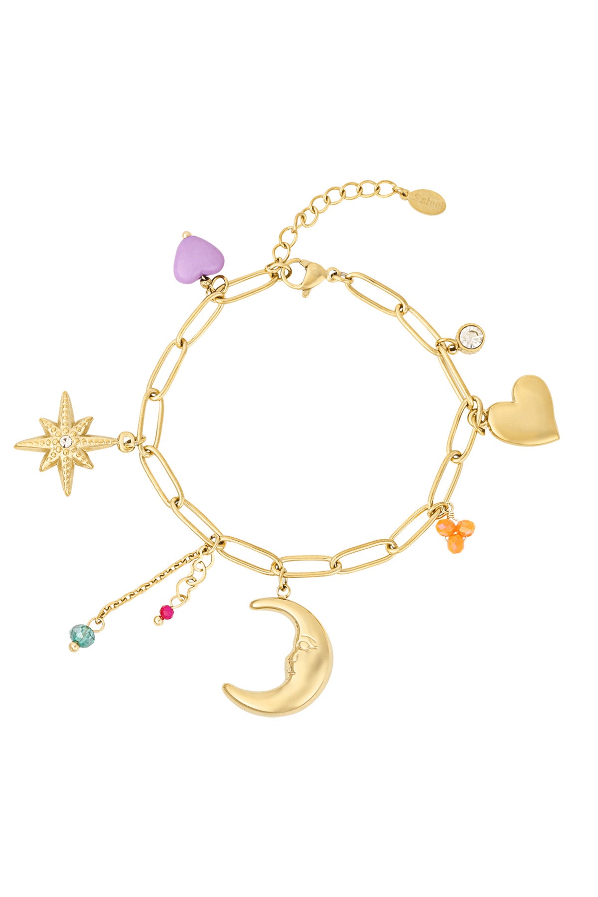Gold charm bracelet laid flat showing crescent moon, star with crystal centre, solid heart, purple heart bead and colourful crystal charms