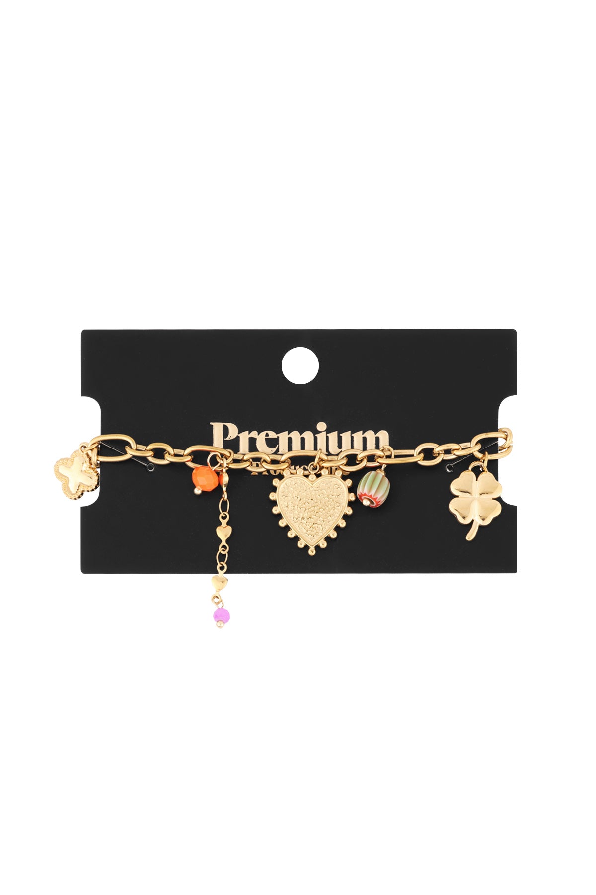 Gold charm bracelet displayed on a black card with 'Premium' text