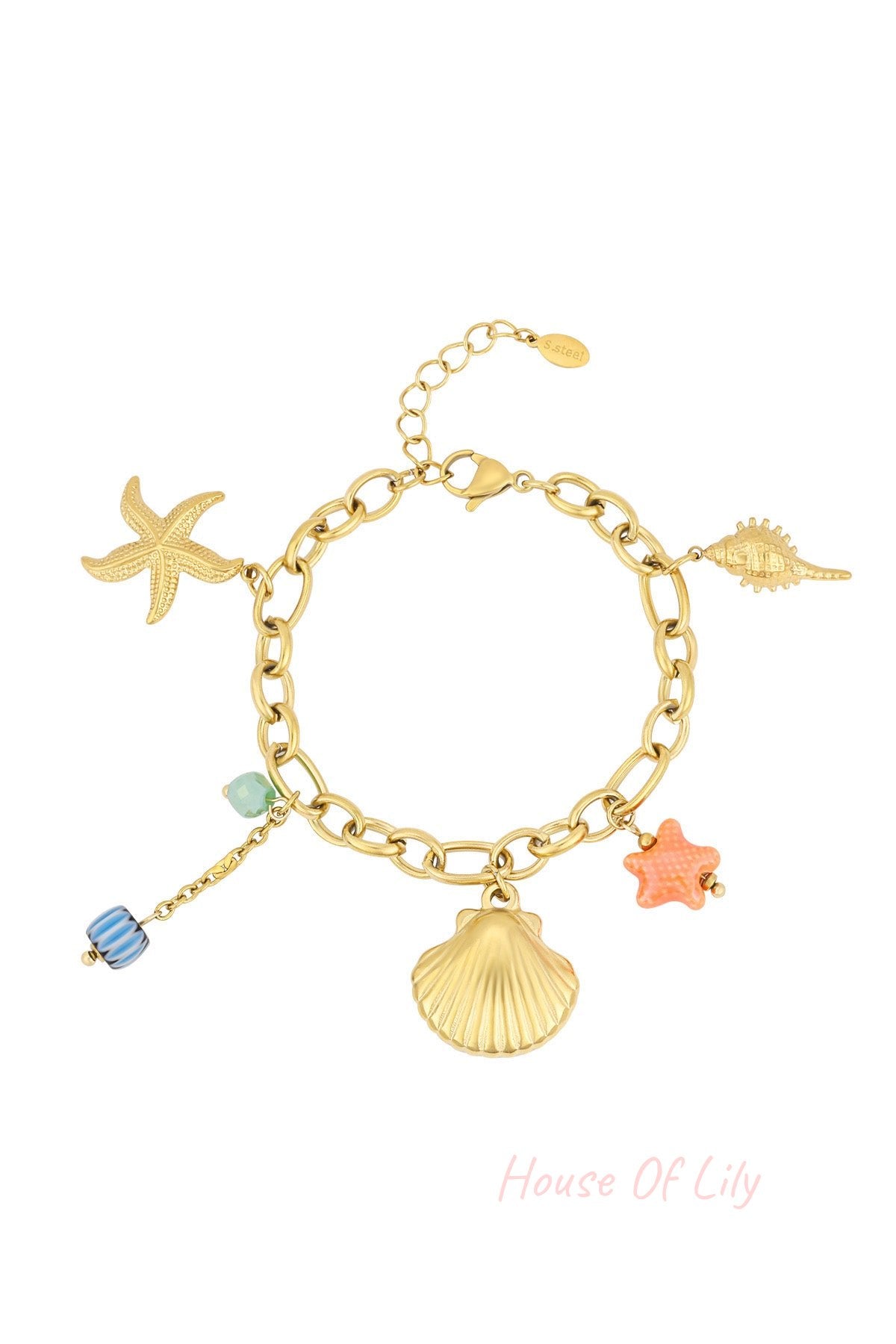 Gold-tone charm bracelet with starfish, scallop shell, sea snail, coral star charms and blue and green beads on chunky chain
