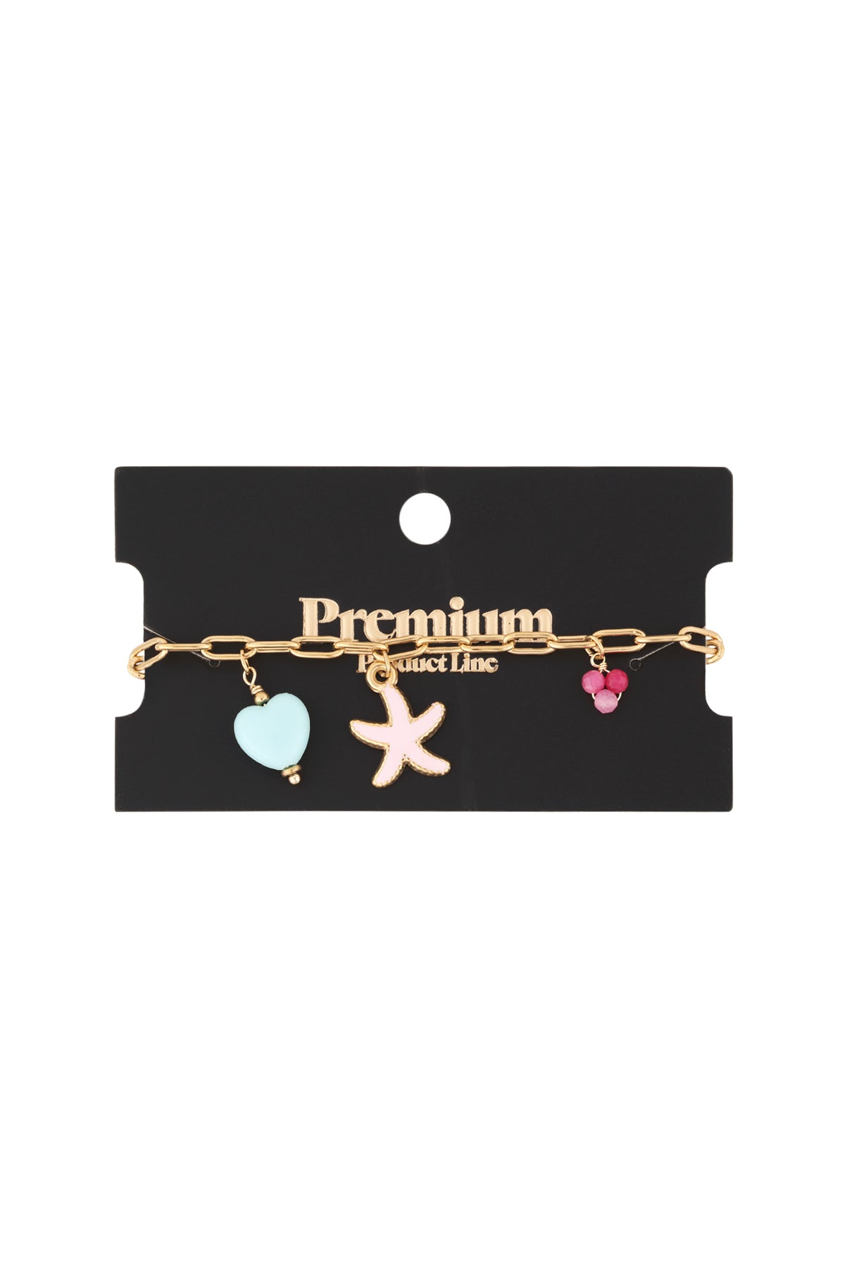Gold charm bracelet displayed on black 'Premium Product Line' packaging showing starfish, heart, and bead charms