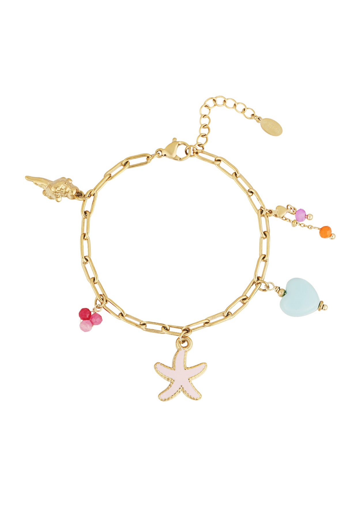 Gold chain charm bracelet featuring pink starfish, turquoise heart, gold seashell and tiny colourful bead charms on white background