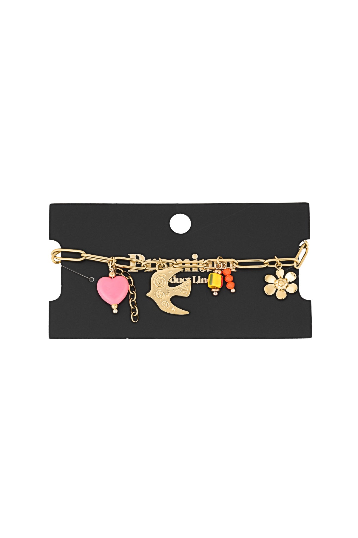 Golden charm bracelet displayed on black product card with charms highlighted