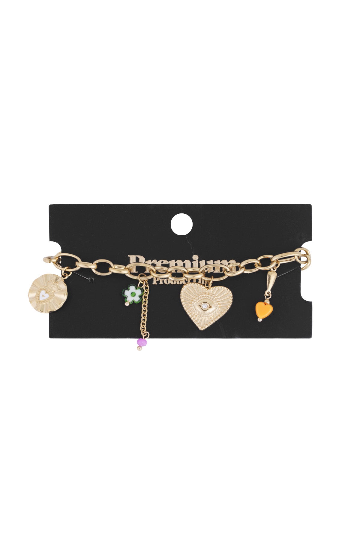 Gold charm bracelet displayed on black card packaging labelled Premium Products, showing all charms clearly