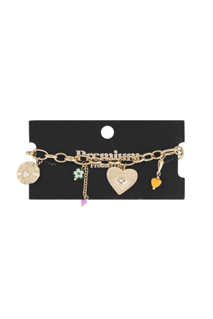 Gold charm bracelet displayed on black card packaging labelled Premium Products, showing all charms clearly