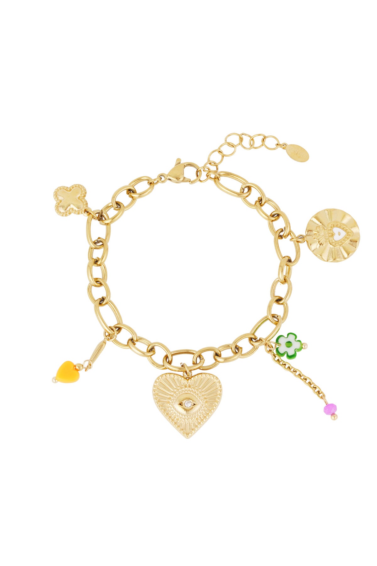 Gold charm bracelet with five unique charms including a textured heart with eye and crystal, orange heart, green flower, gold four-leaf, and round heart disc on white background