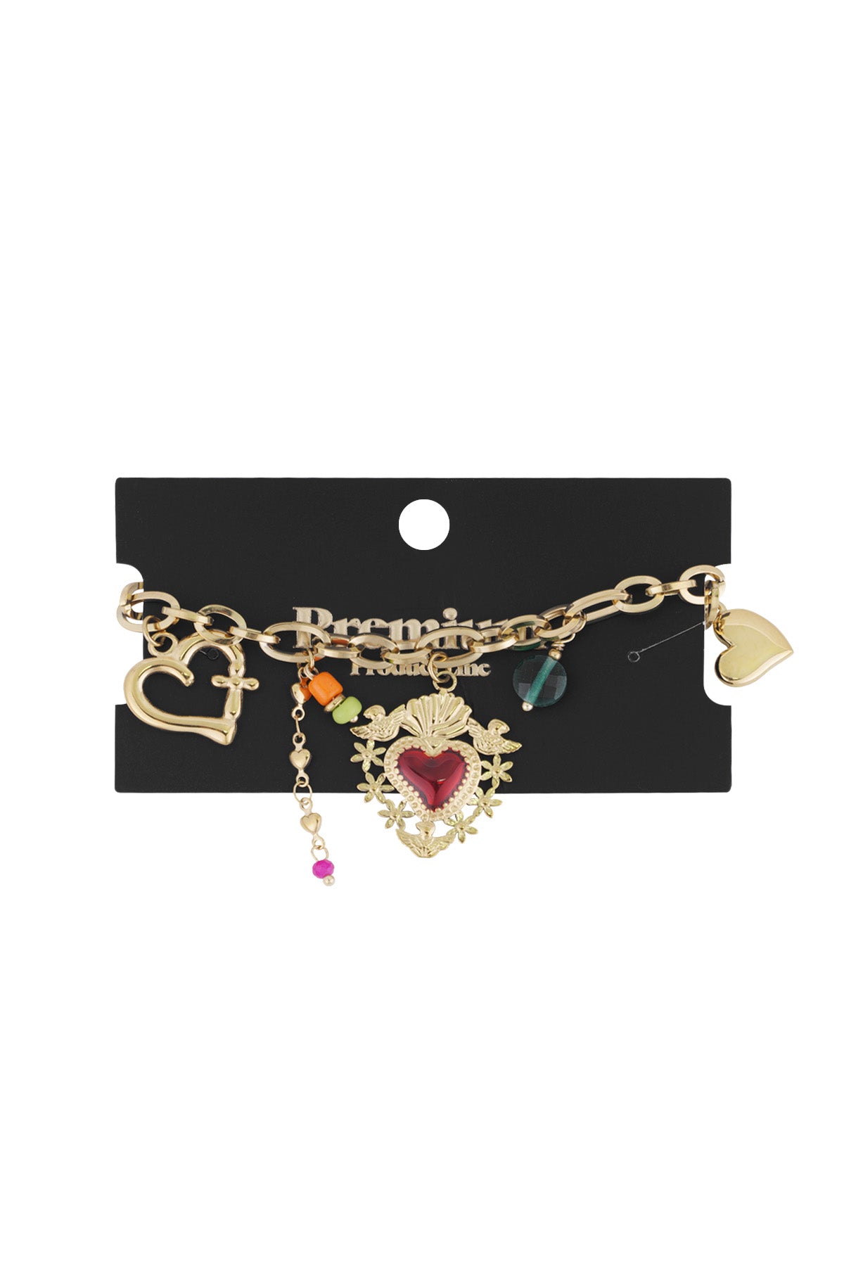 Gold charm bracelet displayed on black branded card showcasing multiple charms and lobster clasp