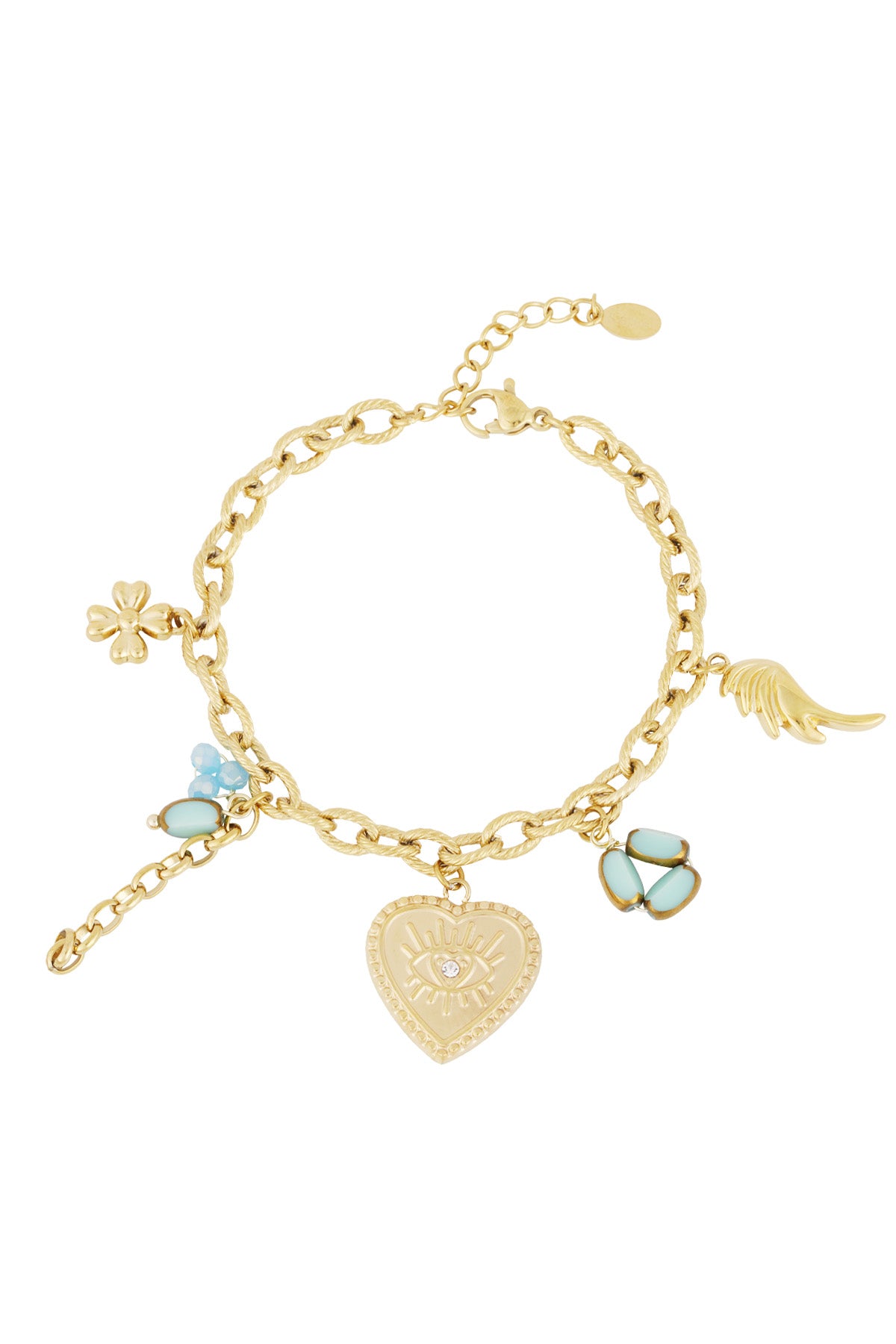 Golden charm bracelet with a heart pendant featuring an eye design, blue enamel charms, and a wing, lying flat on a white background