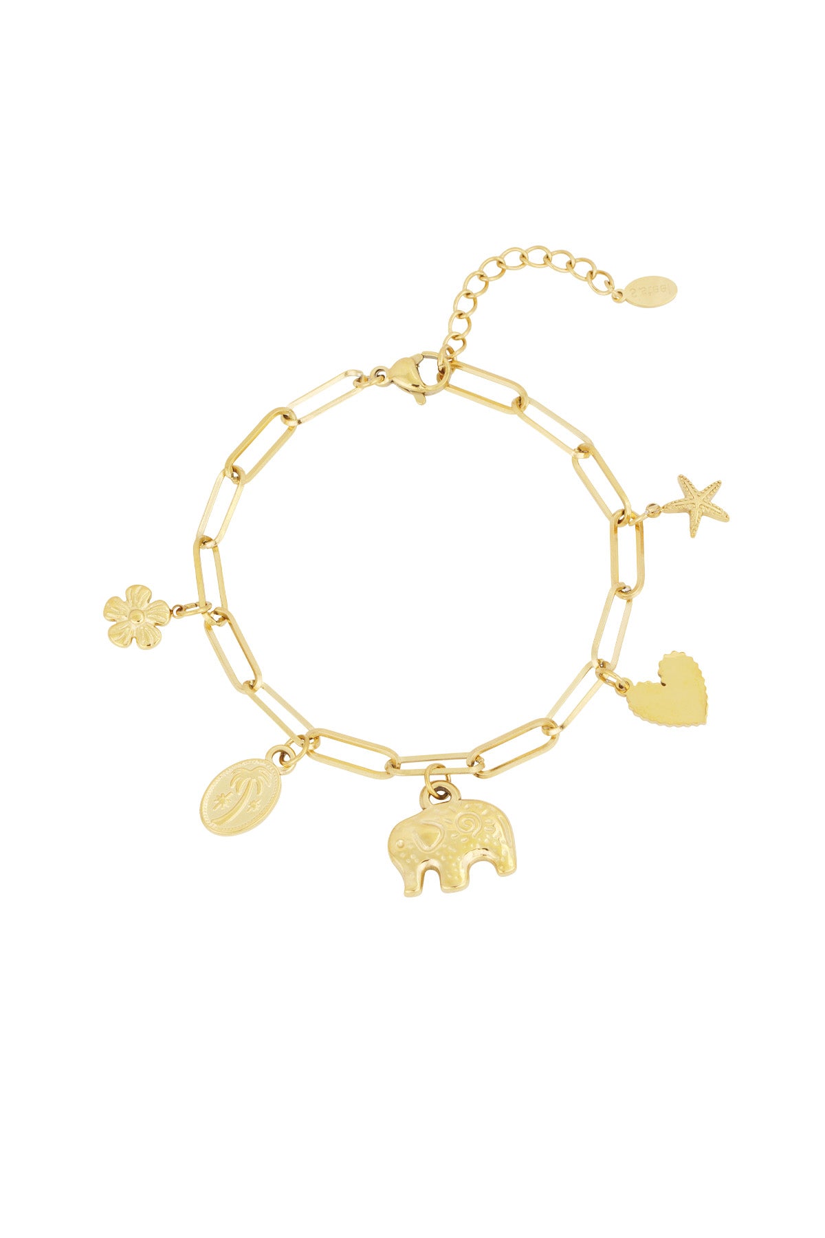 Golden charm link bracelet with starfish, heart, elephant, palm tree, and flower charms laid out flat on a white background