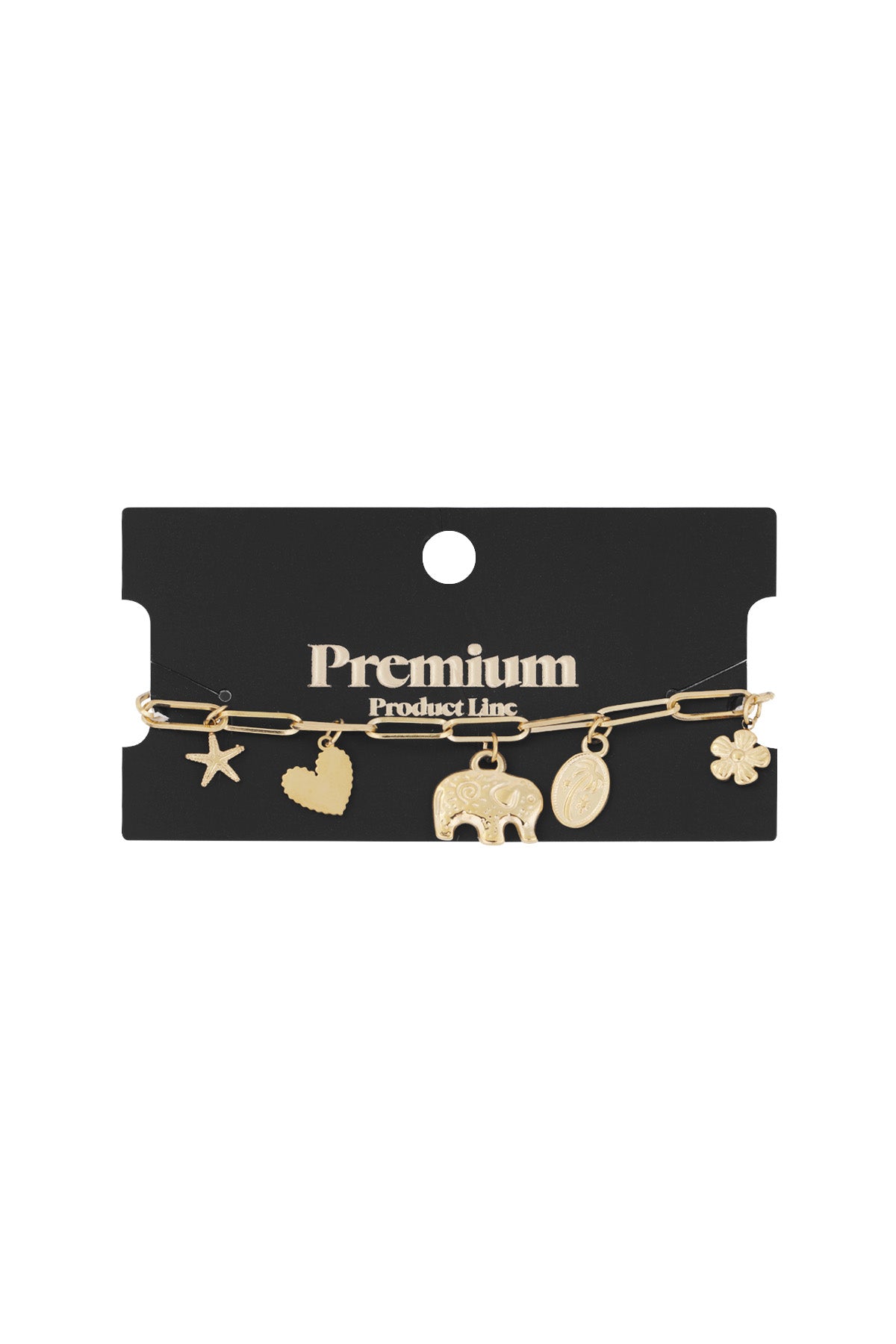 Golden charm link bracelet displayed on black premium product card highlighting all five unique charms
