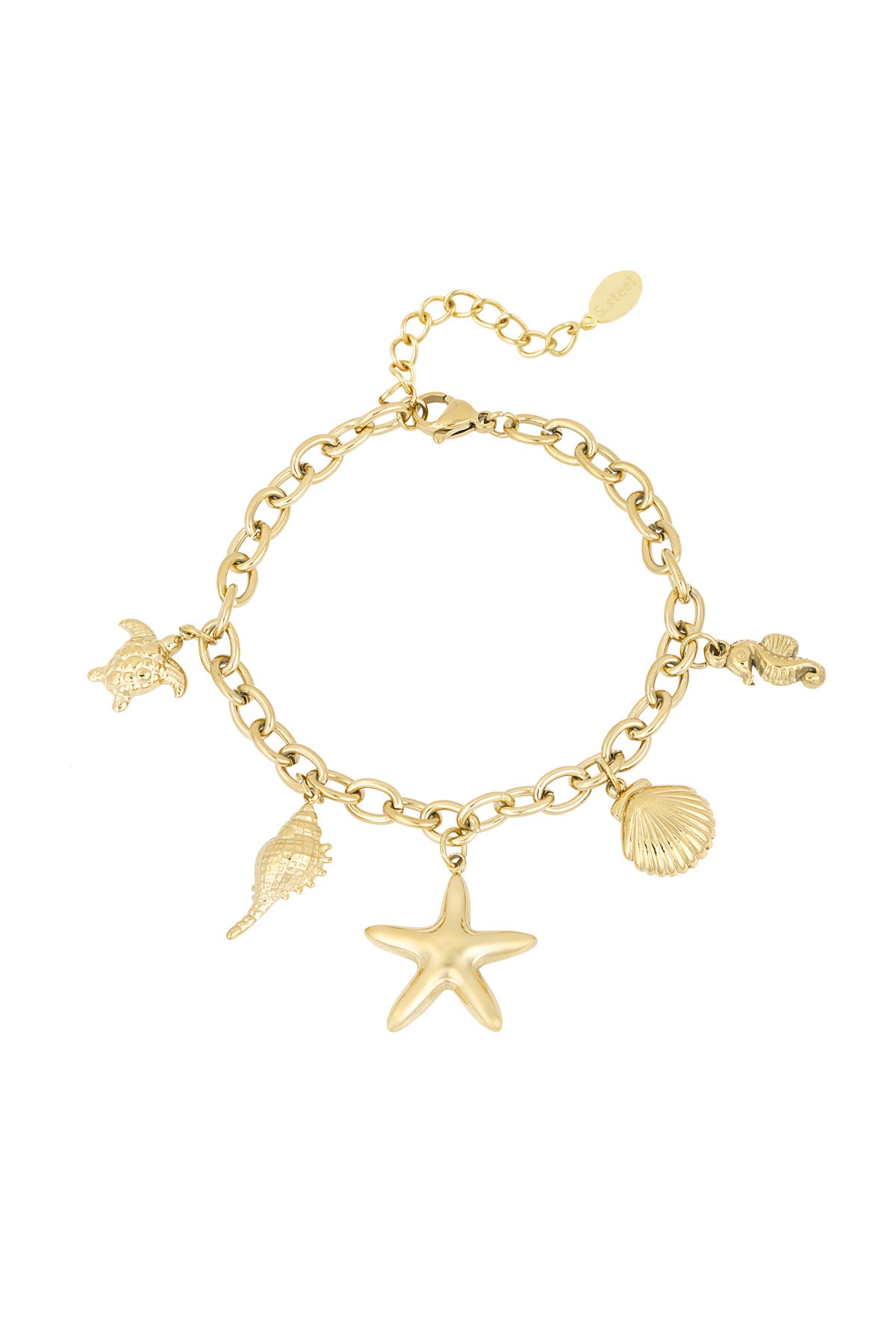 Close-up of a gold chain bracelet with beach-themed charms including a starfish, turtle, seahorse, shell, and conch against white background