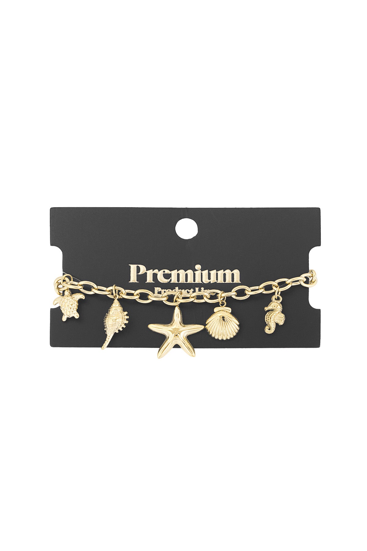 Gold sea charm bracelet displayed on a black Premium product card showing the starfish, turtle, seahorse, shell, and conch charms clearly