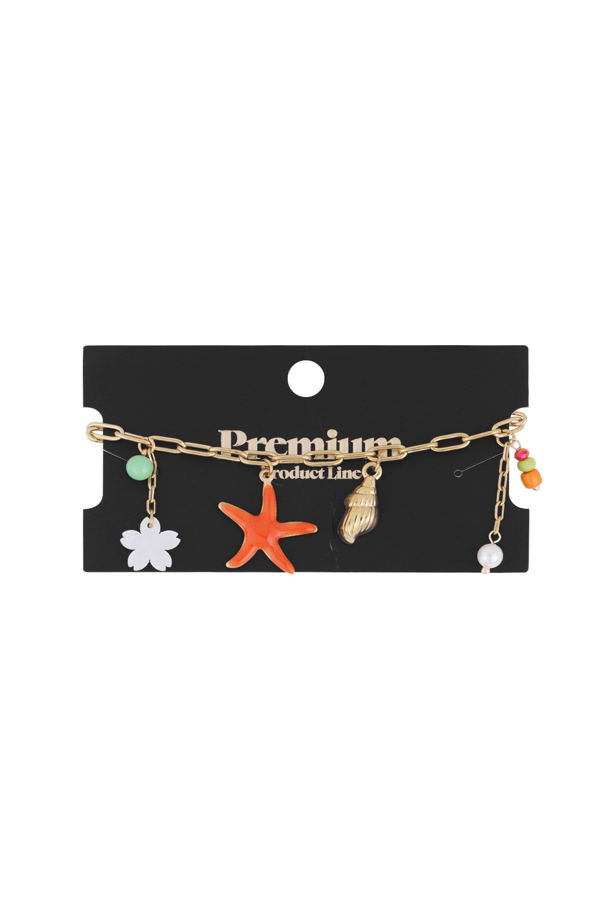Gold-tone charm bracelet displayed on a black premium product line card with starfish and seashell charms visible