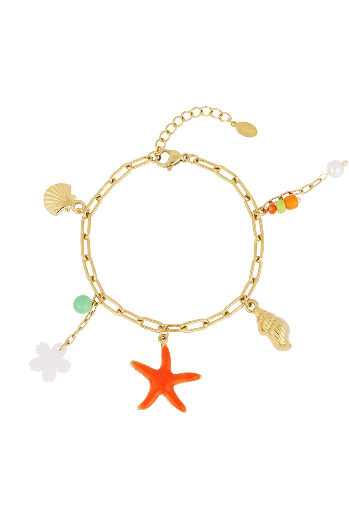 Gold-tone charm bracelet with orange starfish charm, golden seashells, and colorful bead accents on a white background