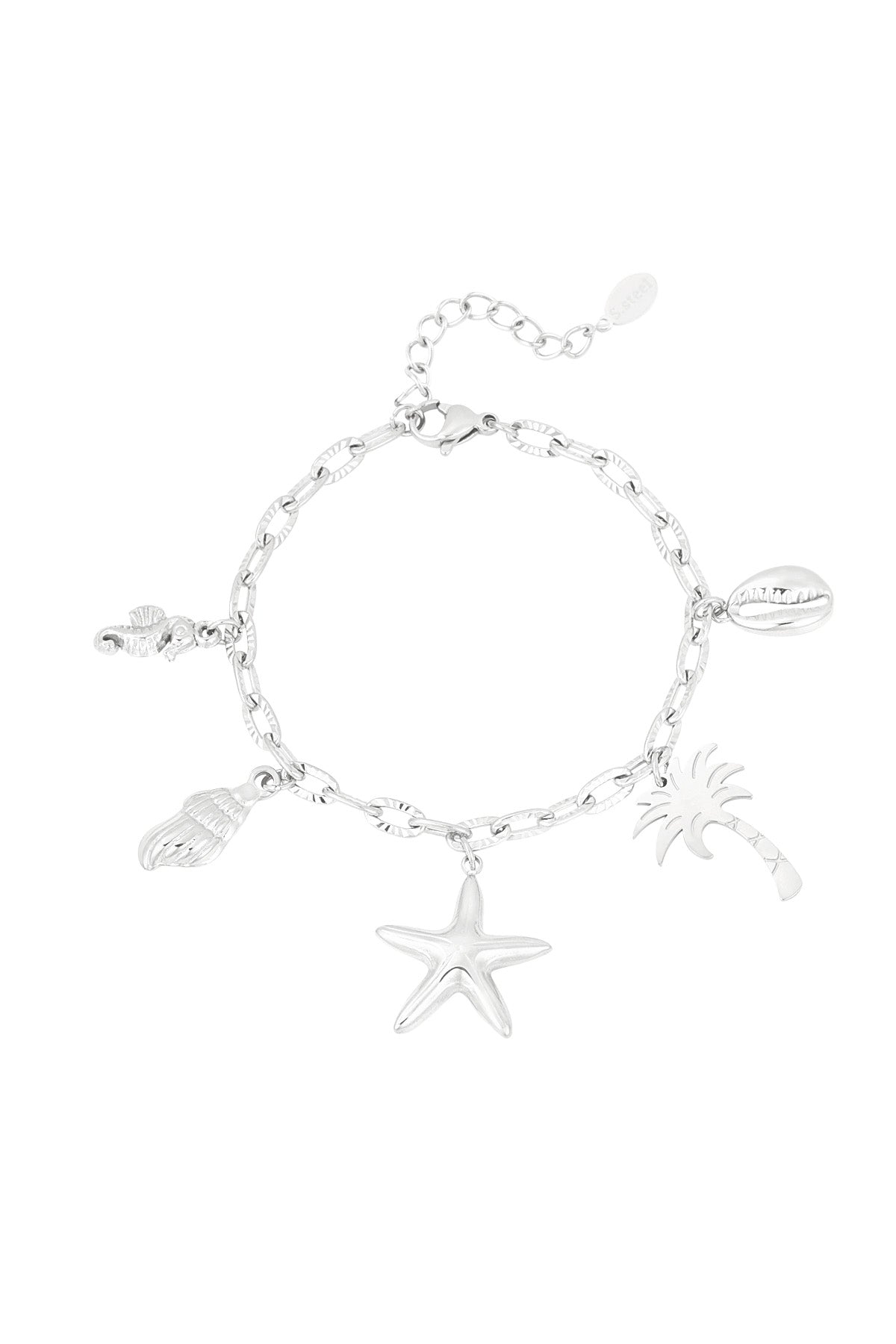 Silver beach charm bracelet with starfish, palm tree, seashell, seahorse and cowrie shell charms on textured link chain